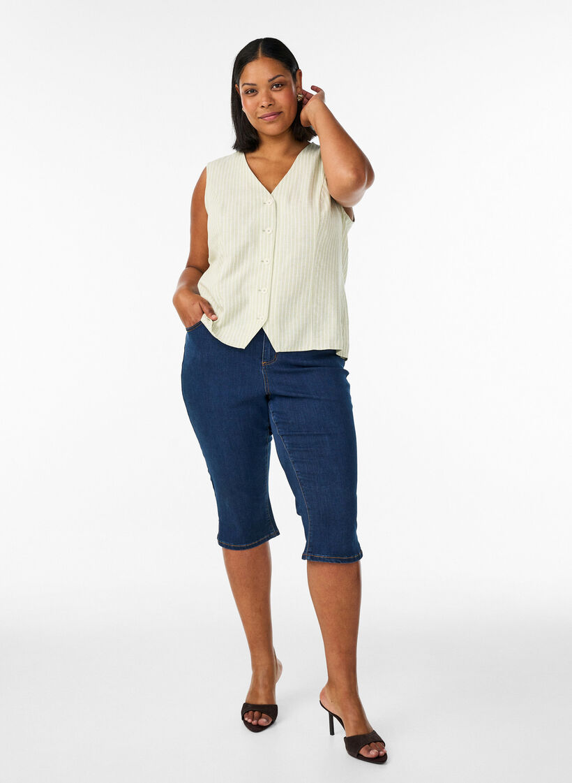 Gestreepte vest in linnen en viscose, Groen, Model image number 1