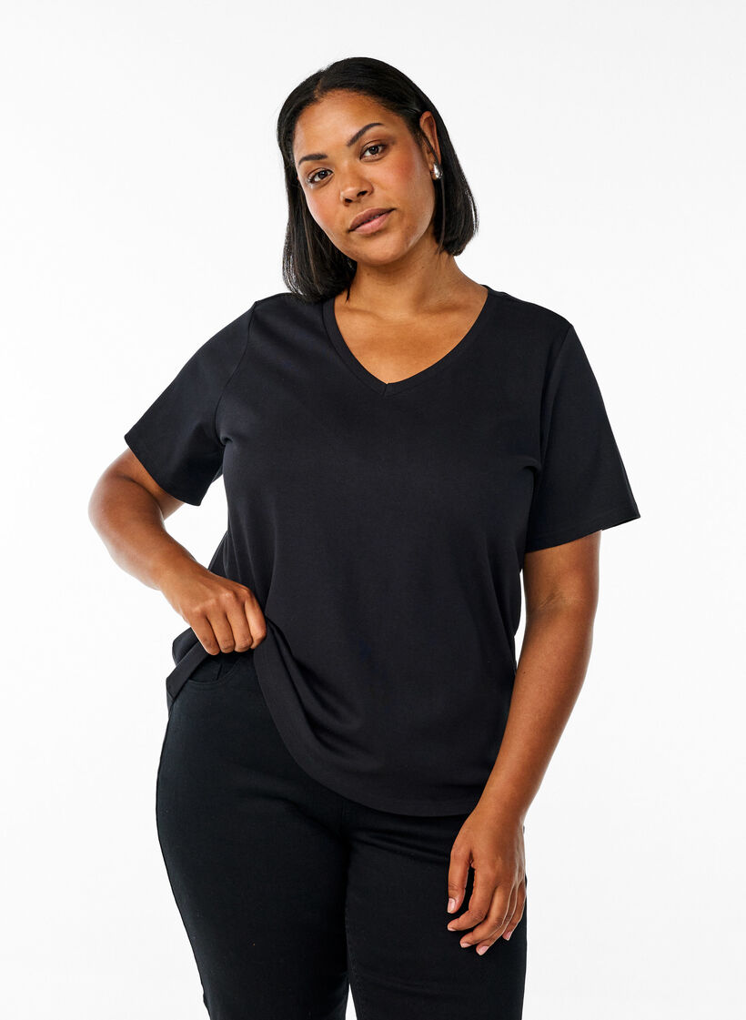 Basic V-hals T-shirt in biologisch katoen, Zwart, Model image number 0