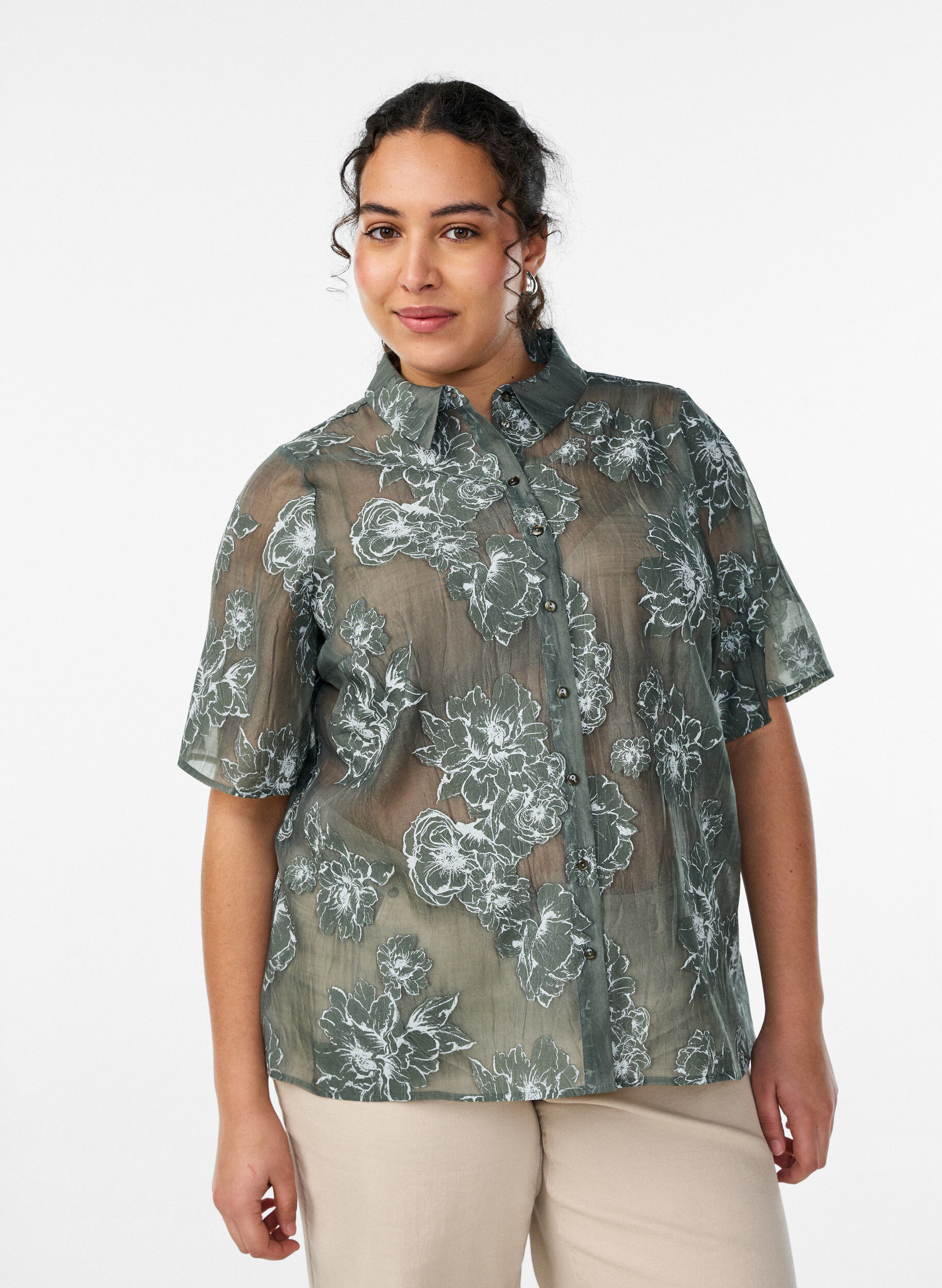 Transparante blouse met bloemenprint, Groen, Model