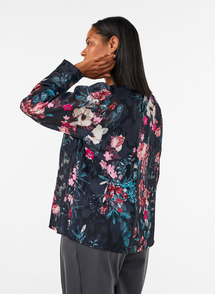 Blouse met bloemenprint en geweven textuur, Zwart, Model image number 2