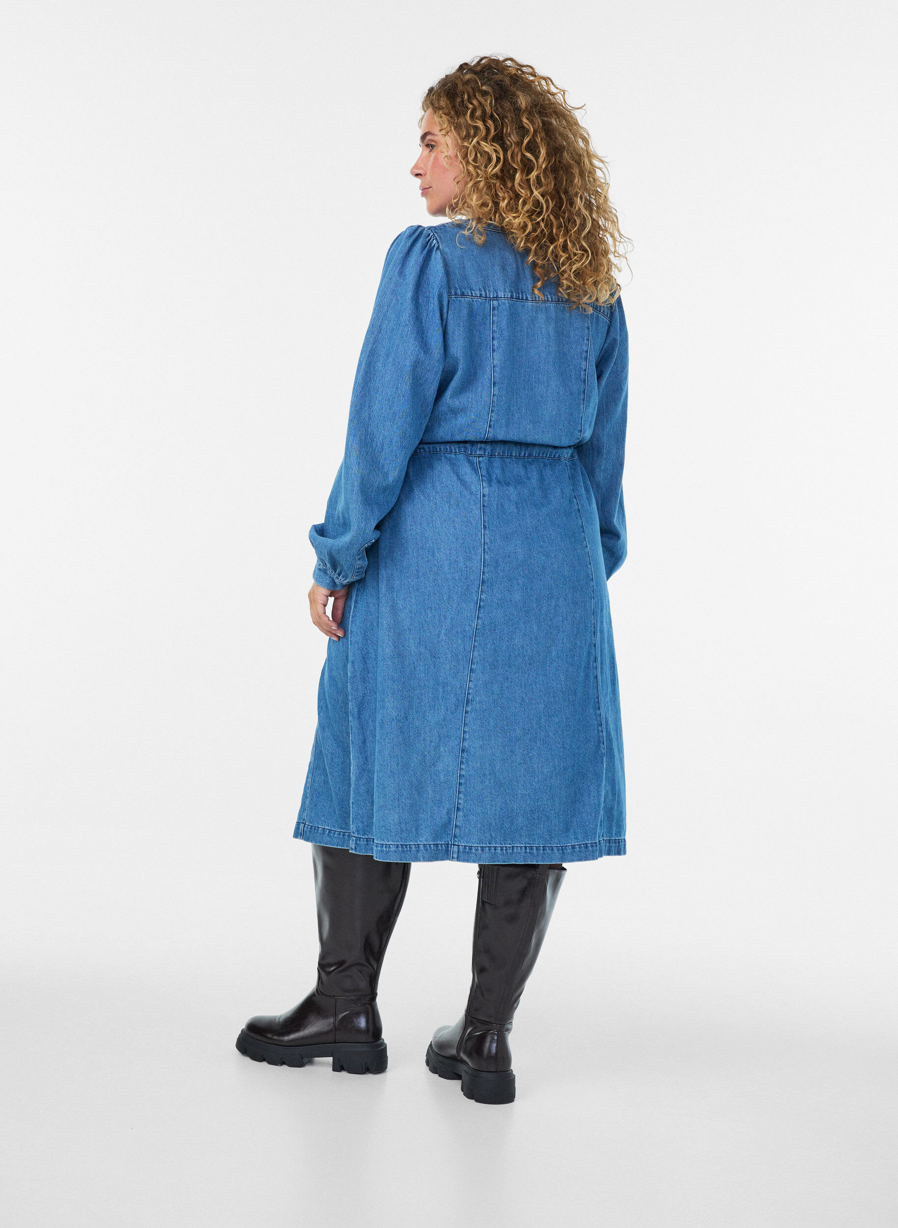 ZizziDenimjurk met V-hals en strikceintuur, Blauw, Model image number 2