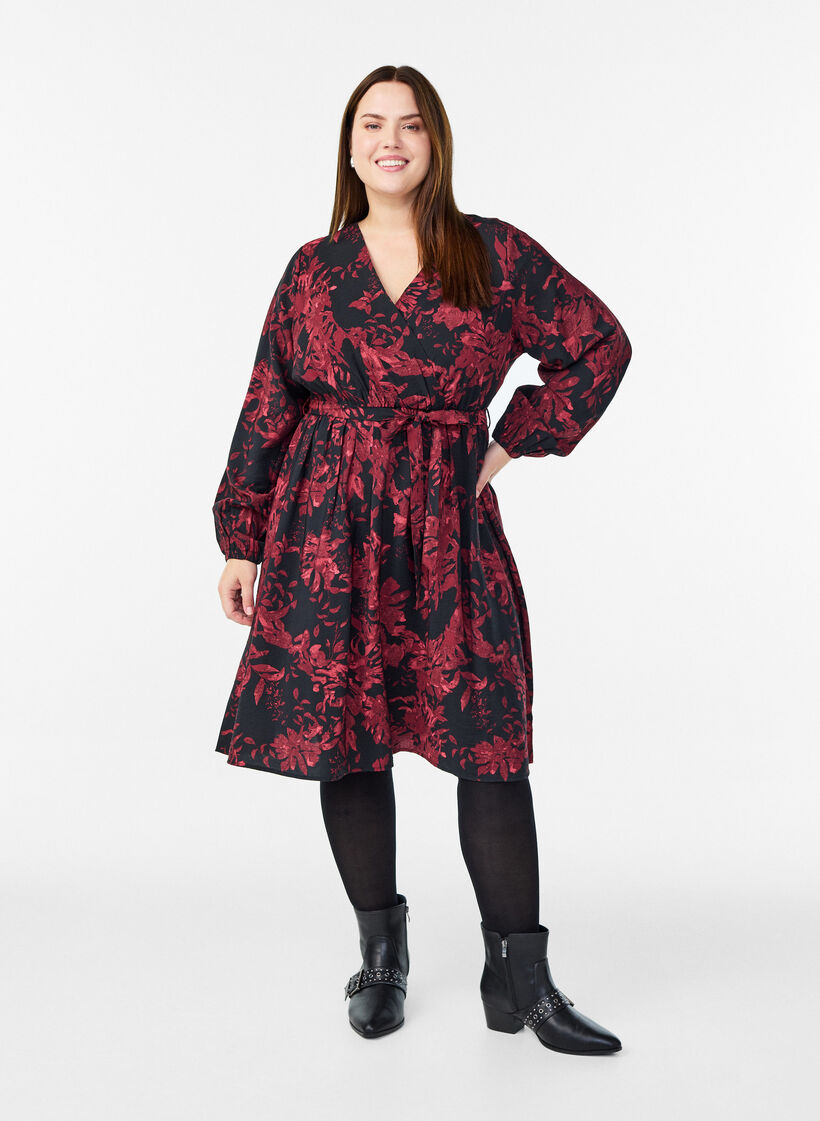 Knielange jurk met strikriem en wikkel-look, Zwart, Model image number 1