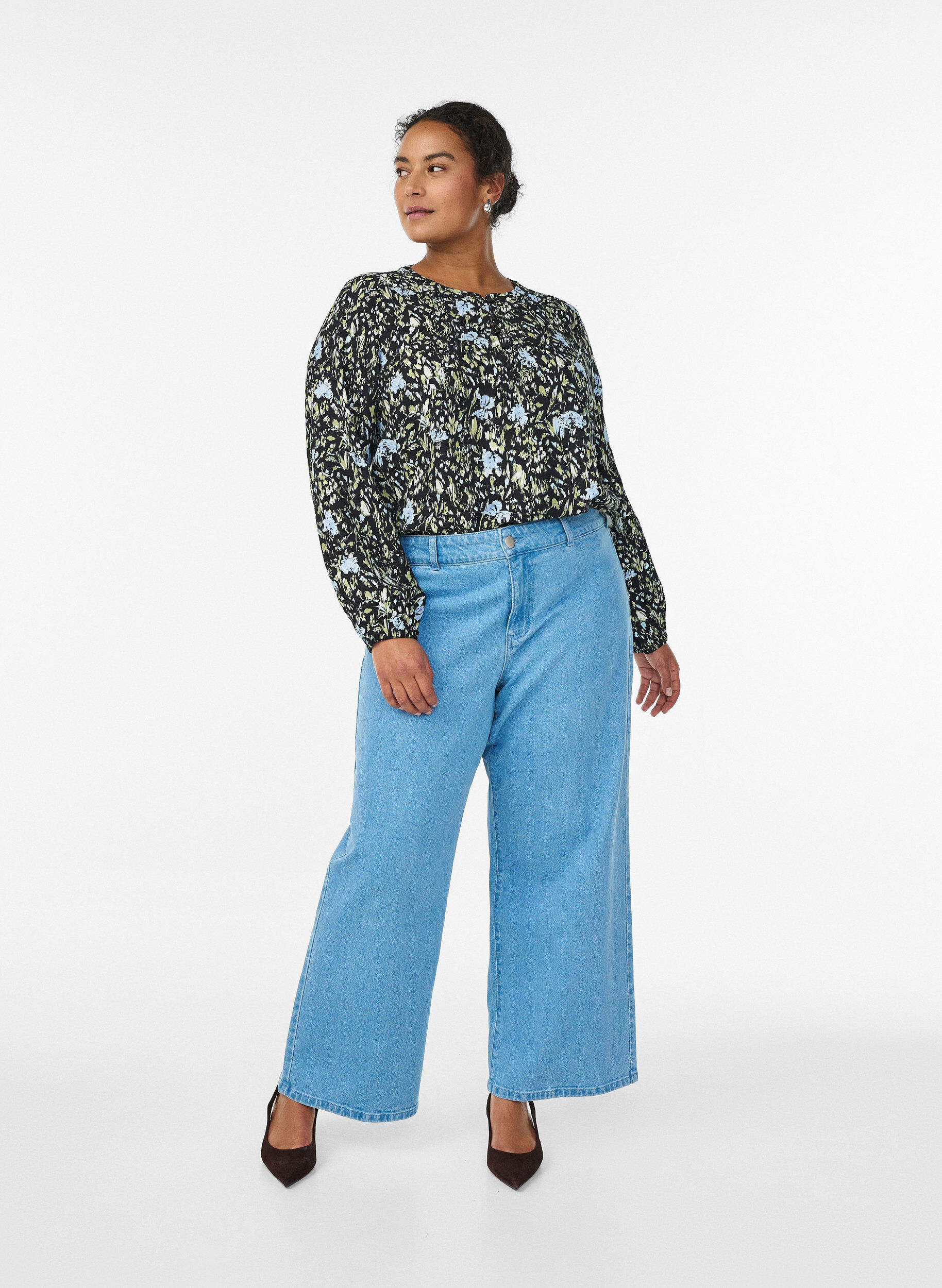 ZizziBlouse met lange mouwen met patroon en knopen, Zwart, Model image number 1