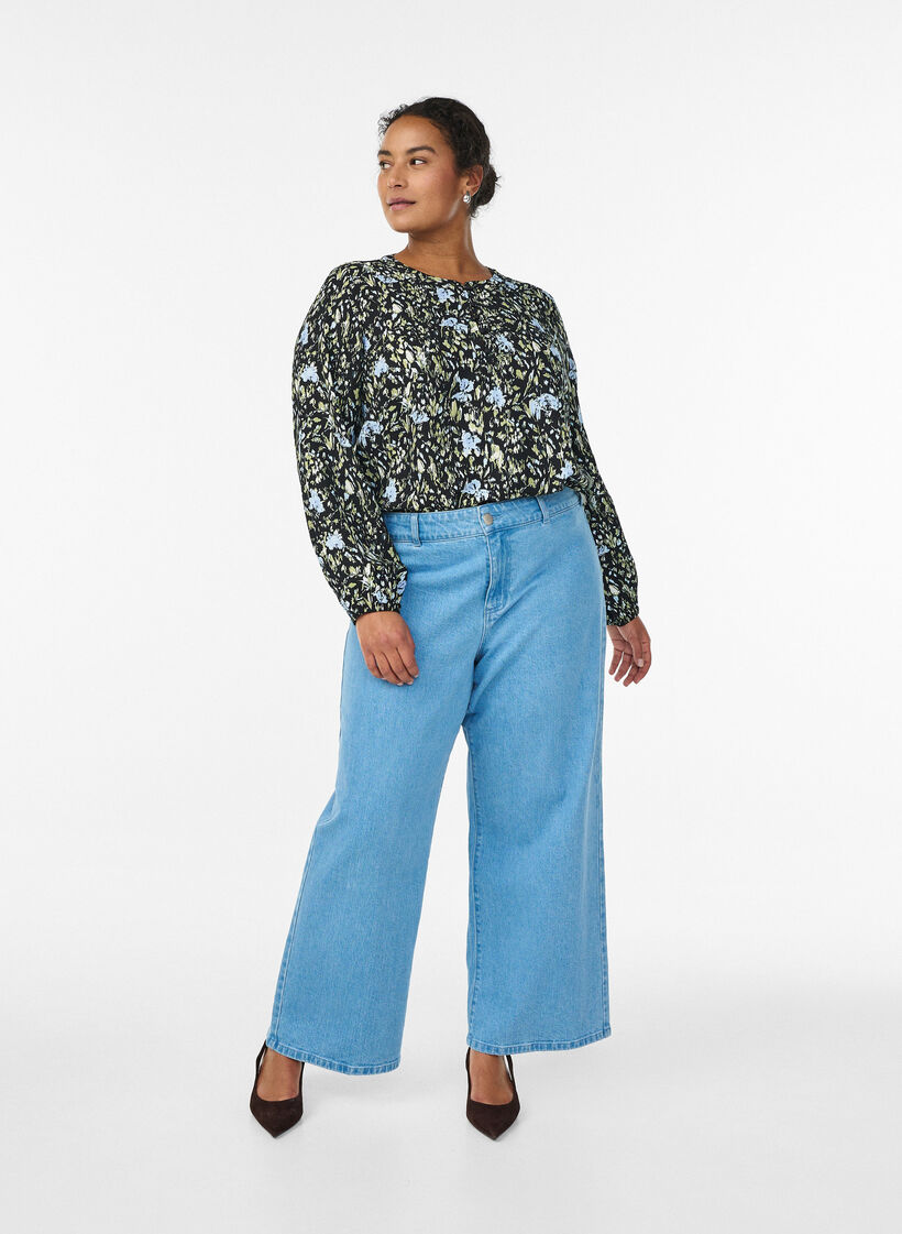 Blouse met lange mouwen met patroon en knopen, Zwart, Model image number 1