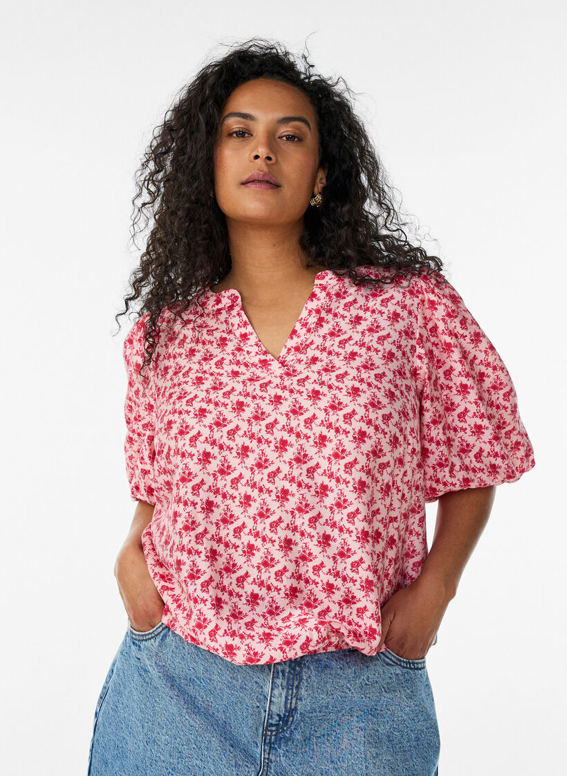 Viscose blouse met ballonmouwen en bloemenpatroon, Rood, Model image number 0
