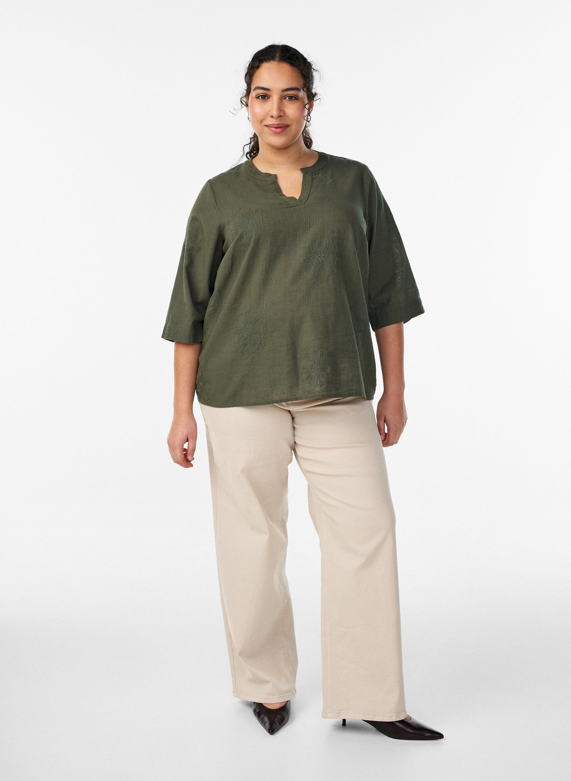 ZizziKatoenen blouse met geborduurde details en 3/4 mouwen, Groen, Model image number 1