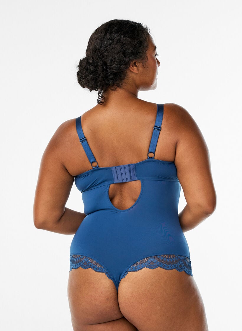 Body van kant met beugels en bandjesdetails, Blauw, Model image number 1