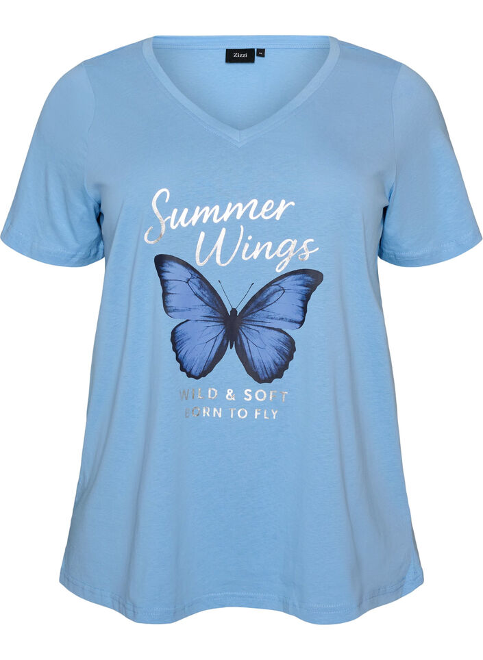 Katoenen T-shirt met V-hals en print aan de voorkant, Blauw, Packshot image number 0