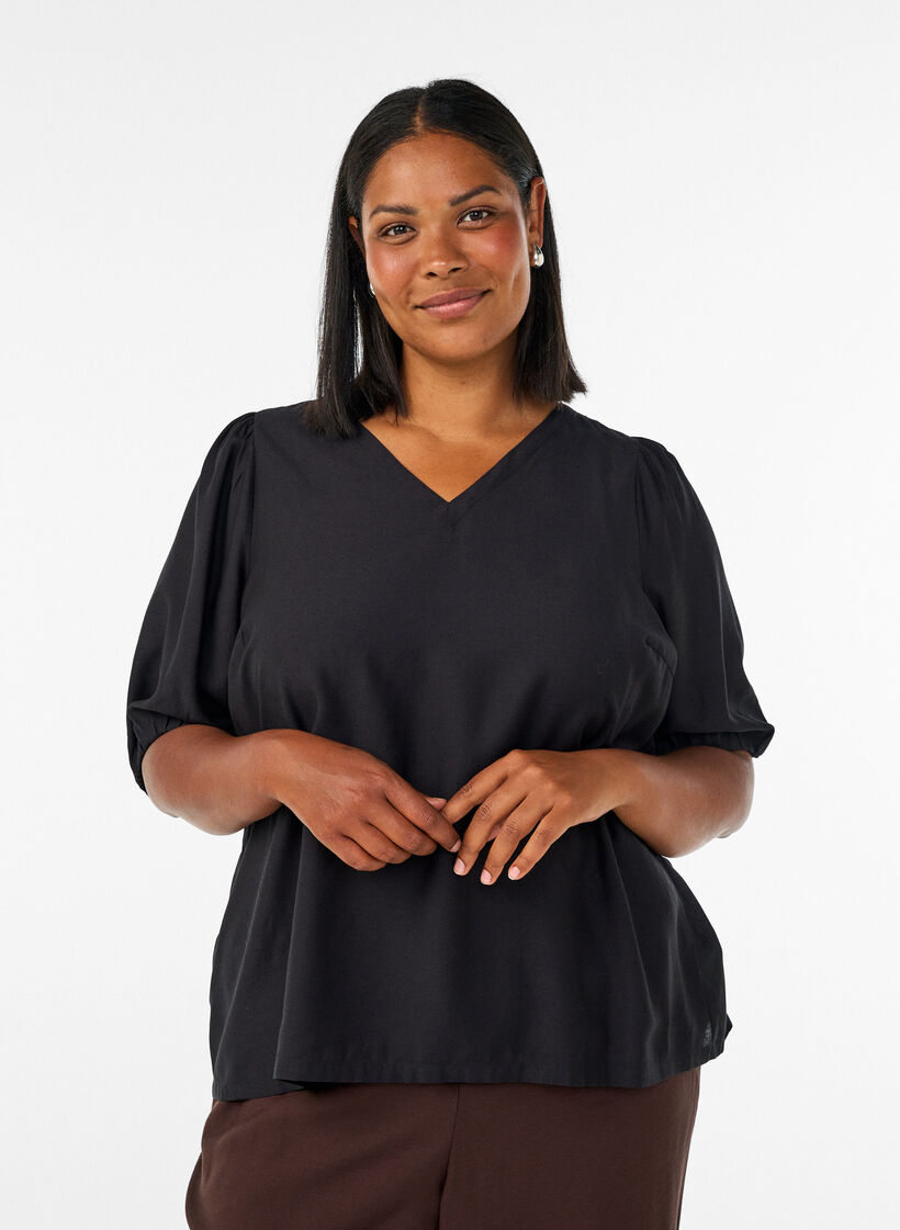 Viscose blouse met V-hals, Zwart, Model image number 0