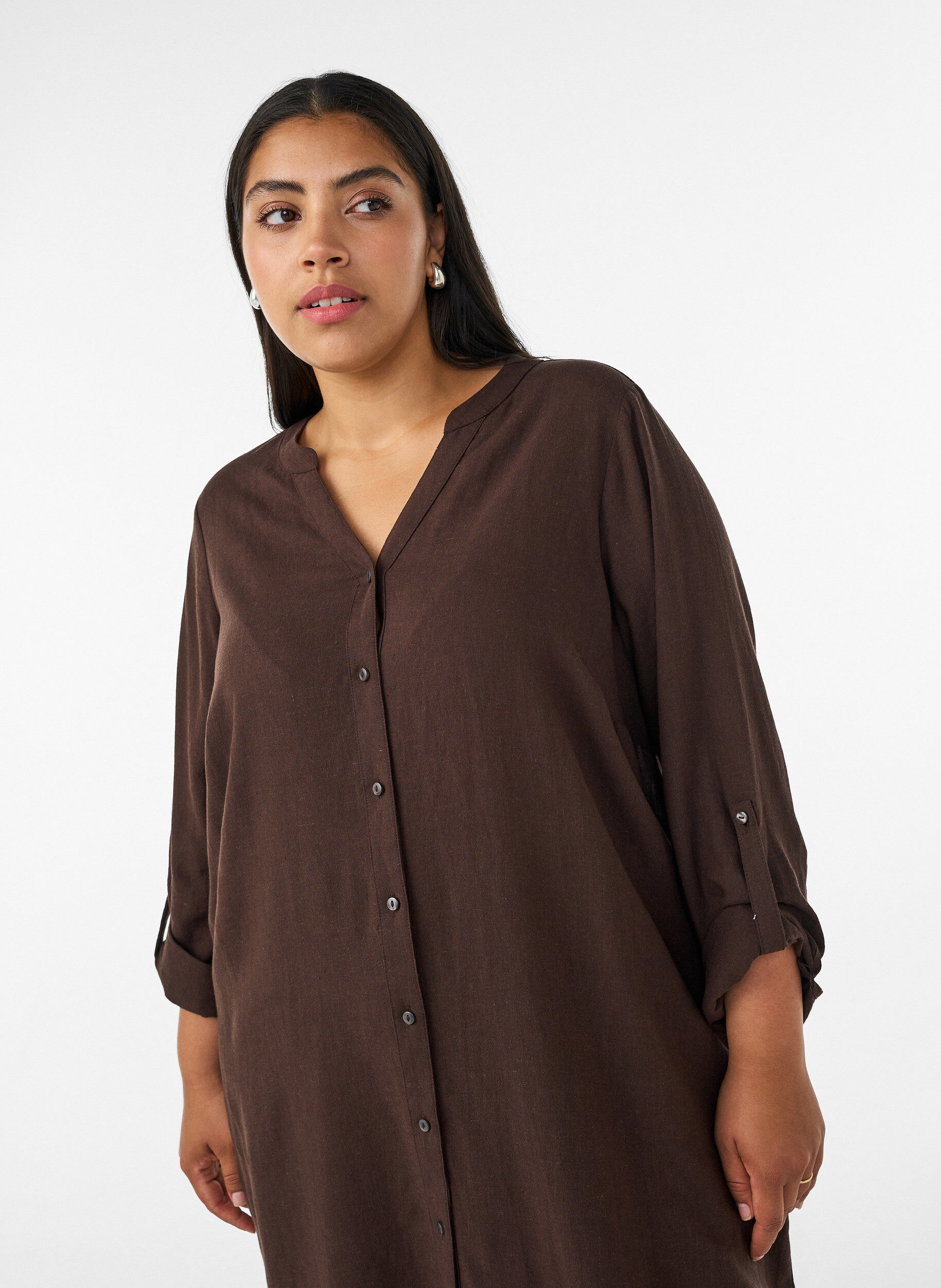 ZizziLang shirt in linnen en viscose, Bruin, Model image number 2