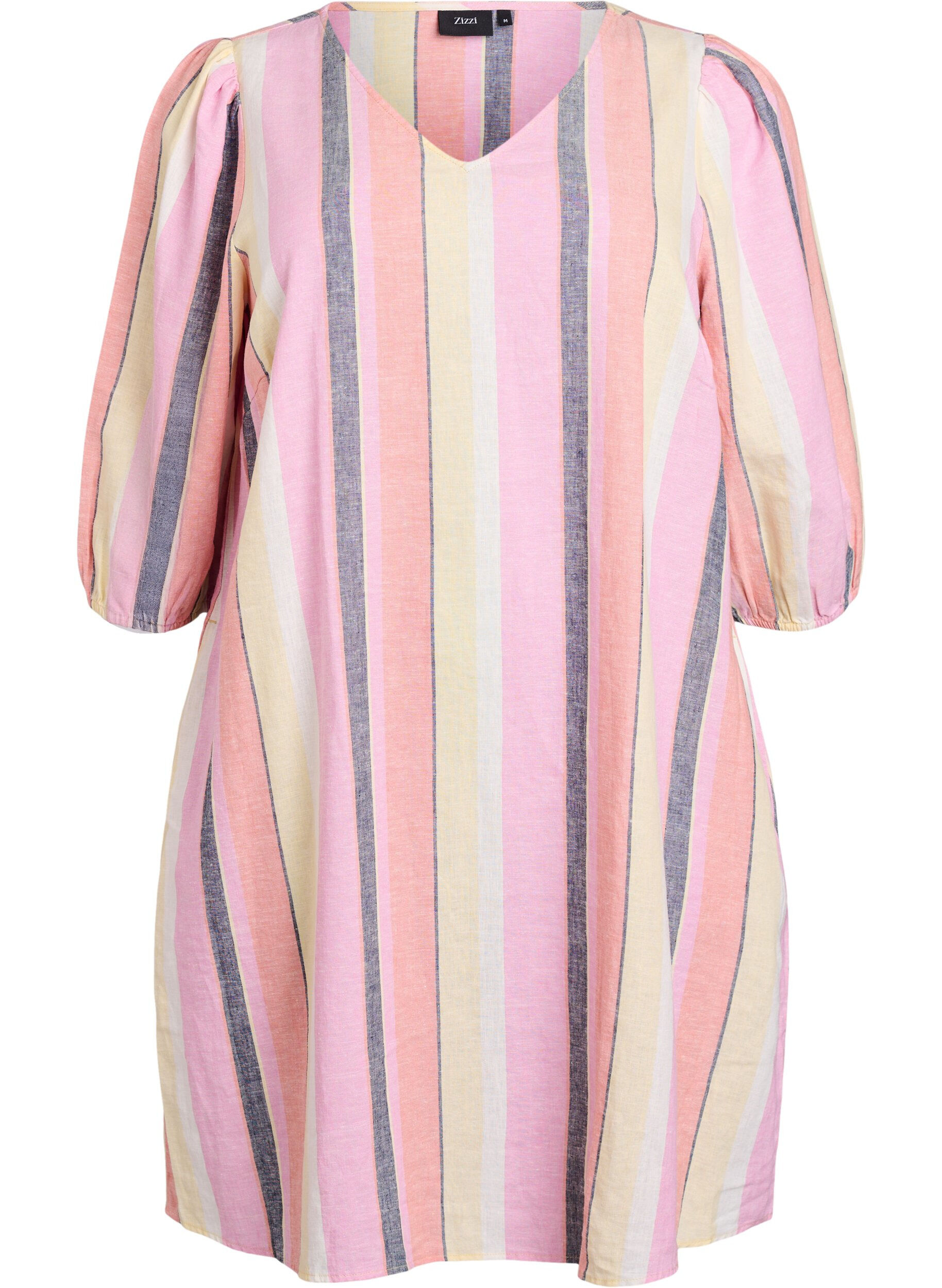 Korte jurk in linnen en viscose met 3/4 mouwen