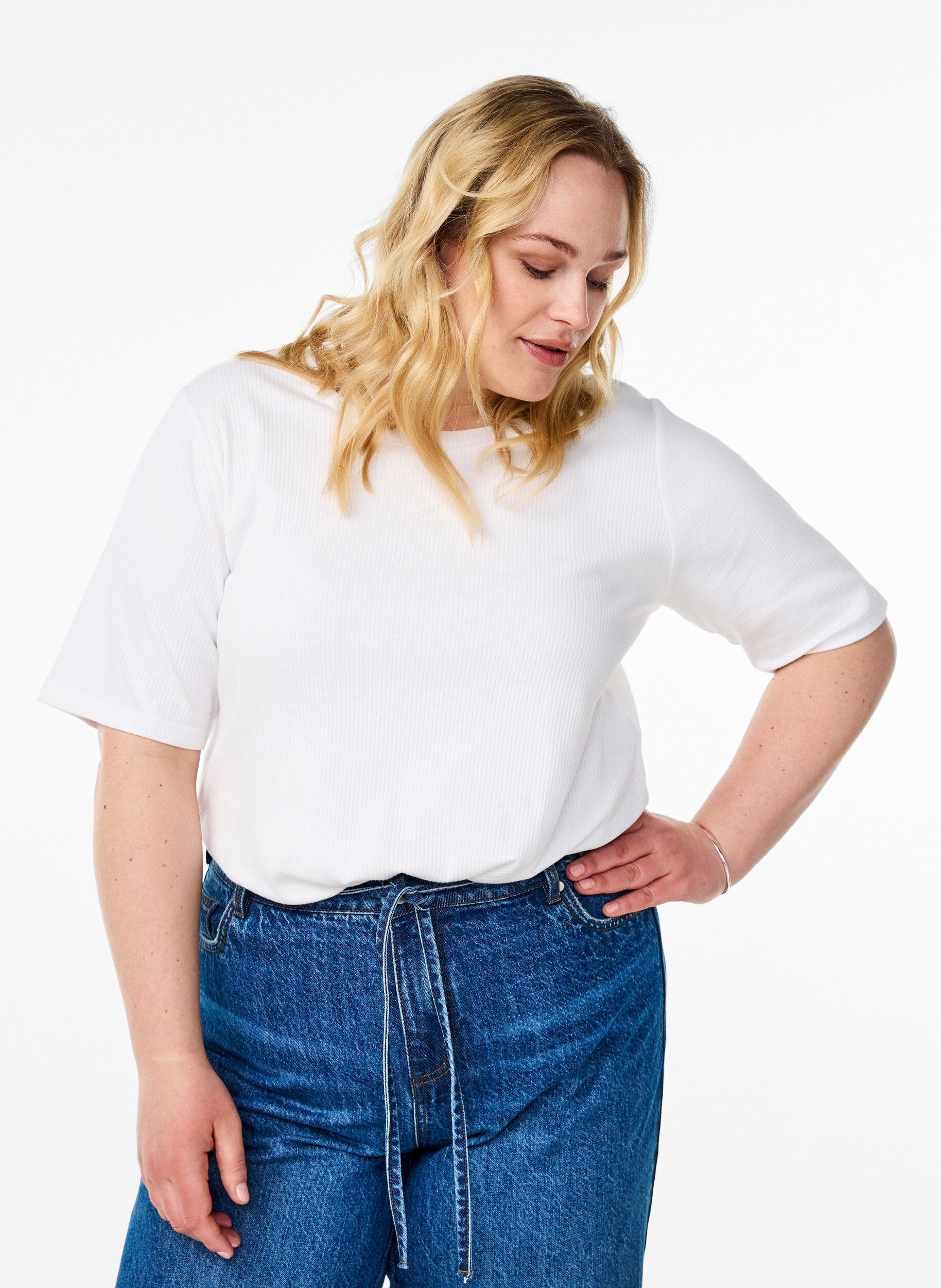 ZizziGeribde jersey blouse met korte mouwen, Wit, Model image number 0