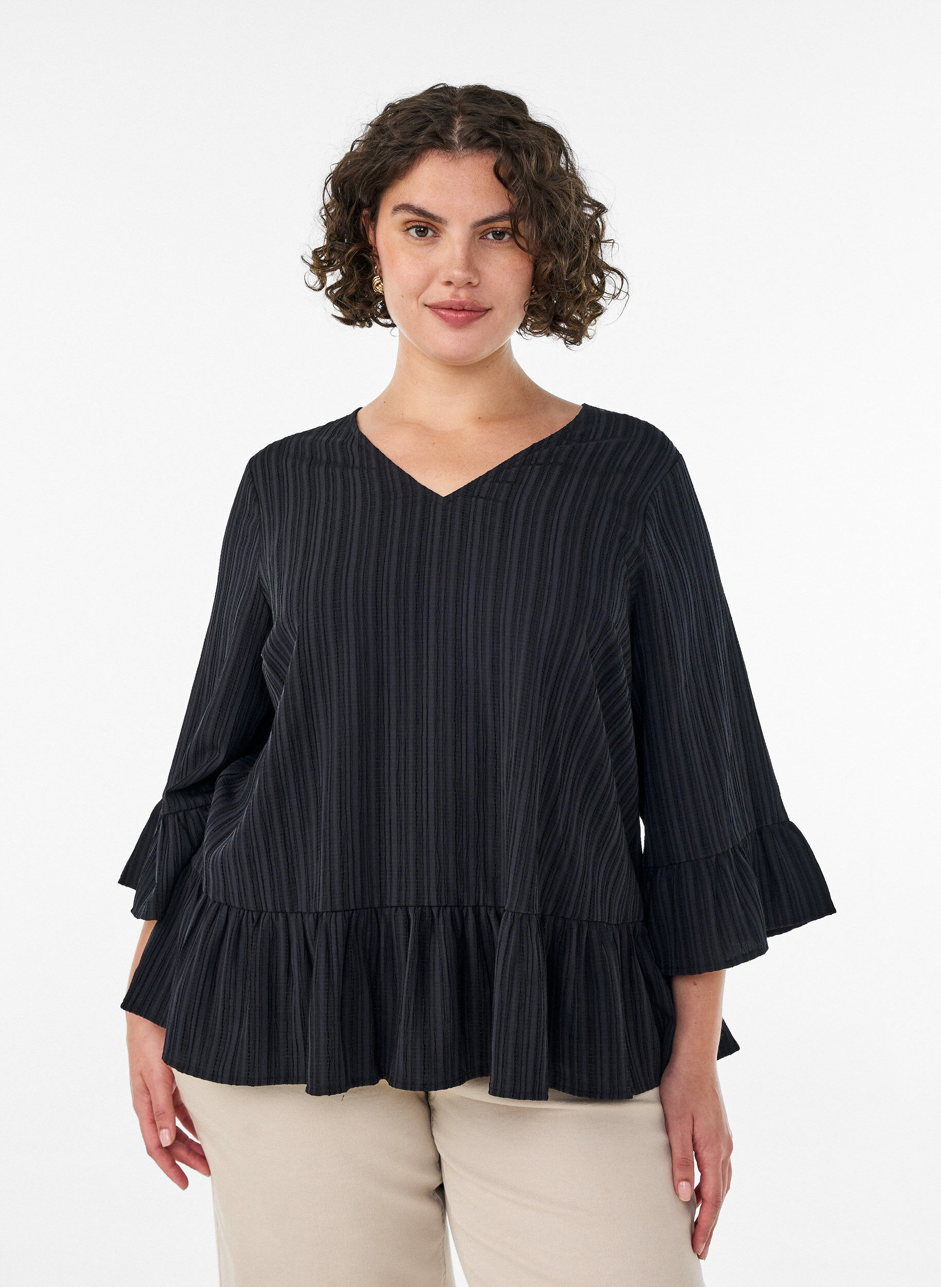 Blouse met textuur, V-hals en ruches, Zwart, Model