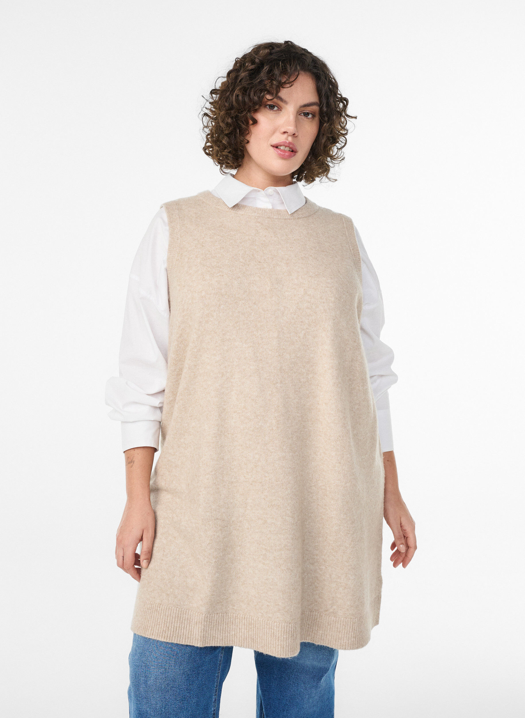 ZizziKorte gebreide jurk zonder mouwen, Beige, Model image number 0