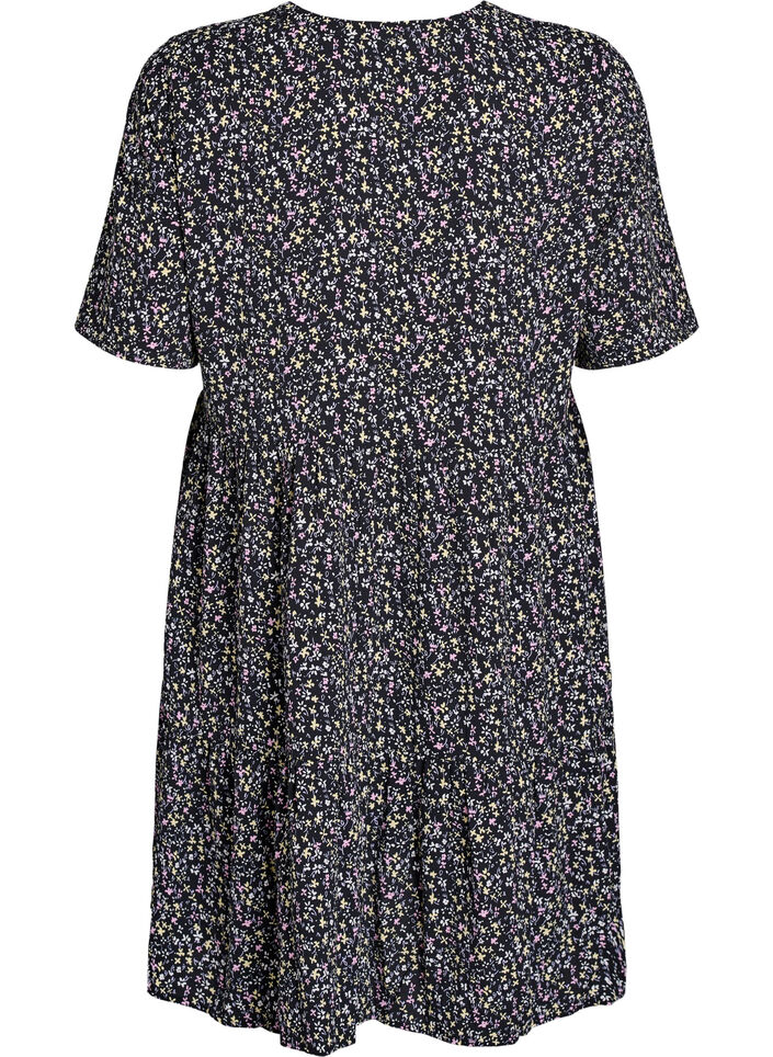 Jurk met korte mouwen, A-lijn en snijlijnen, Zwart, Packshot image number 1