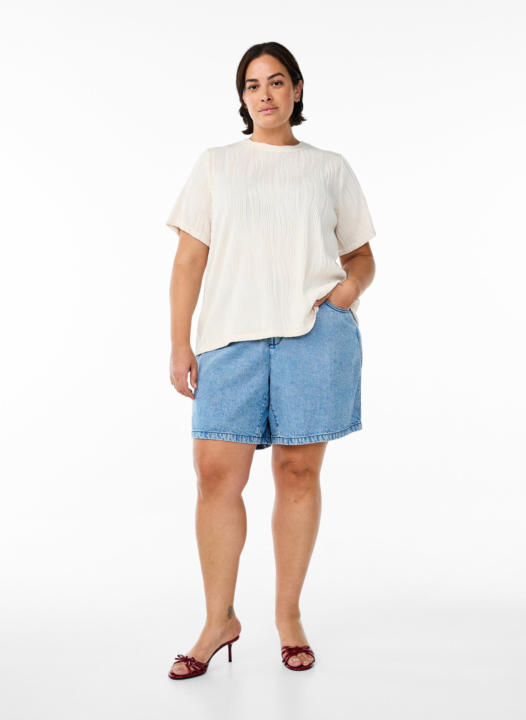 ZizziBlouse met korte mouwen en een golvende textuur, Beige, Model image number 1