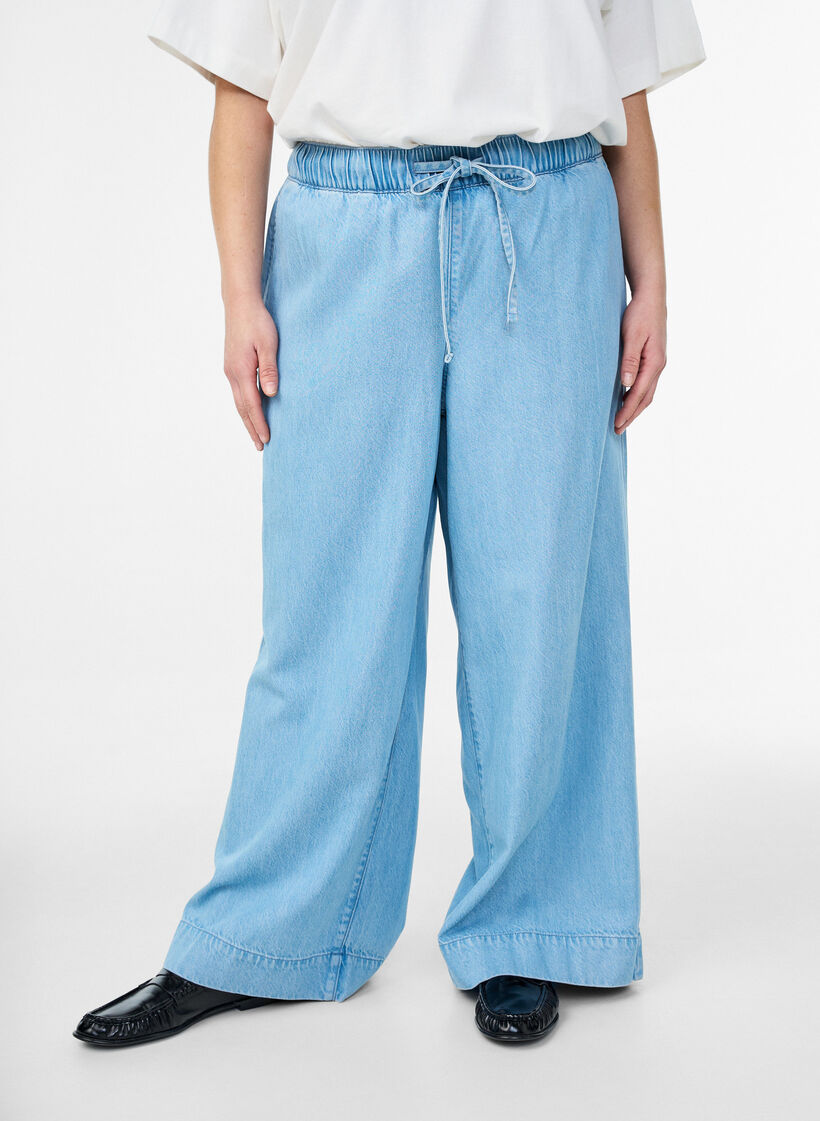 Denim jogger met wijde pijpen en hoge taille, Blauw, Model image number 2