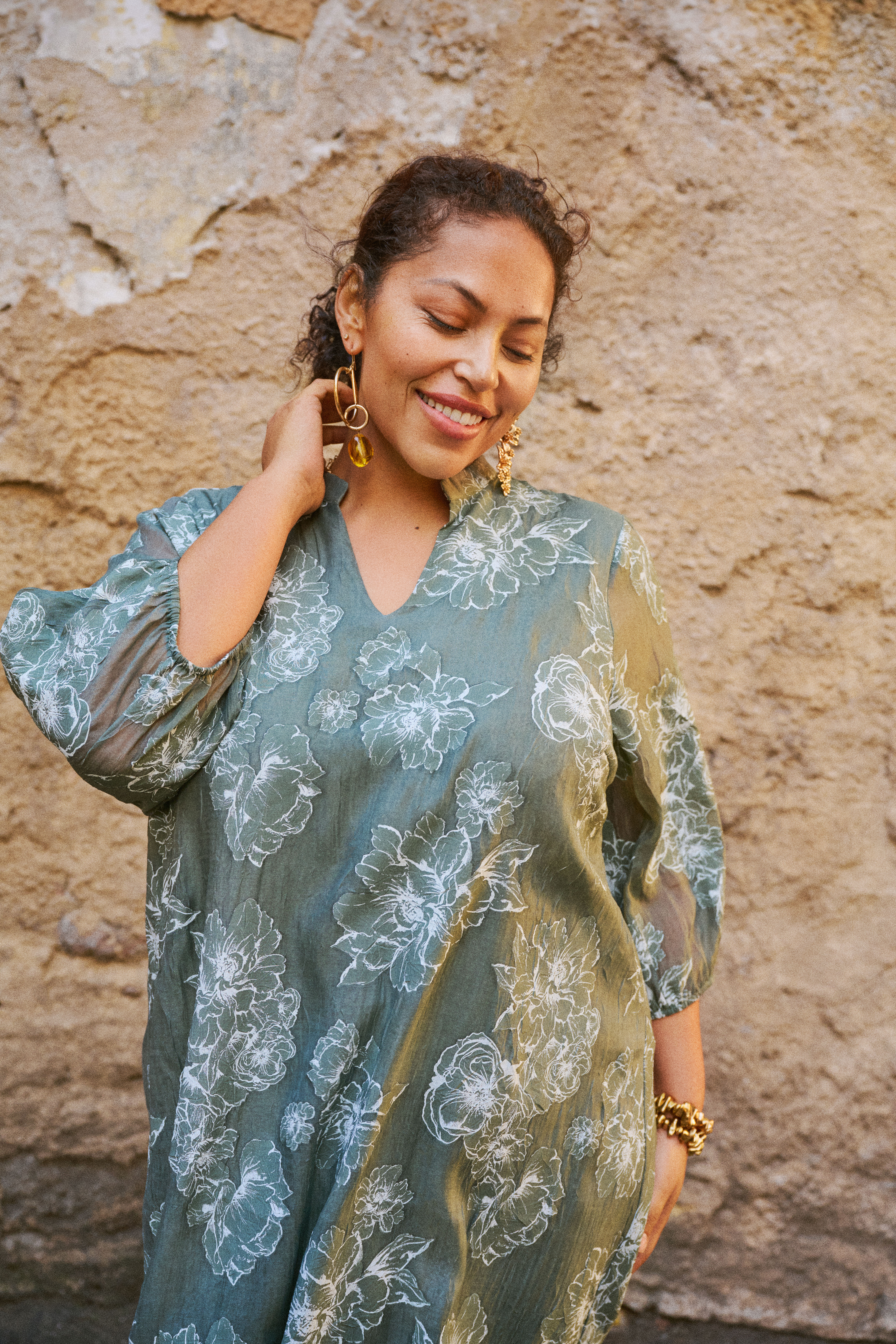 ZizziGroene midijurk met bloemenpatronen, , Model