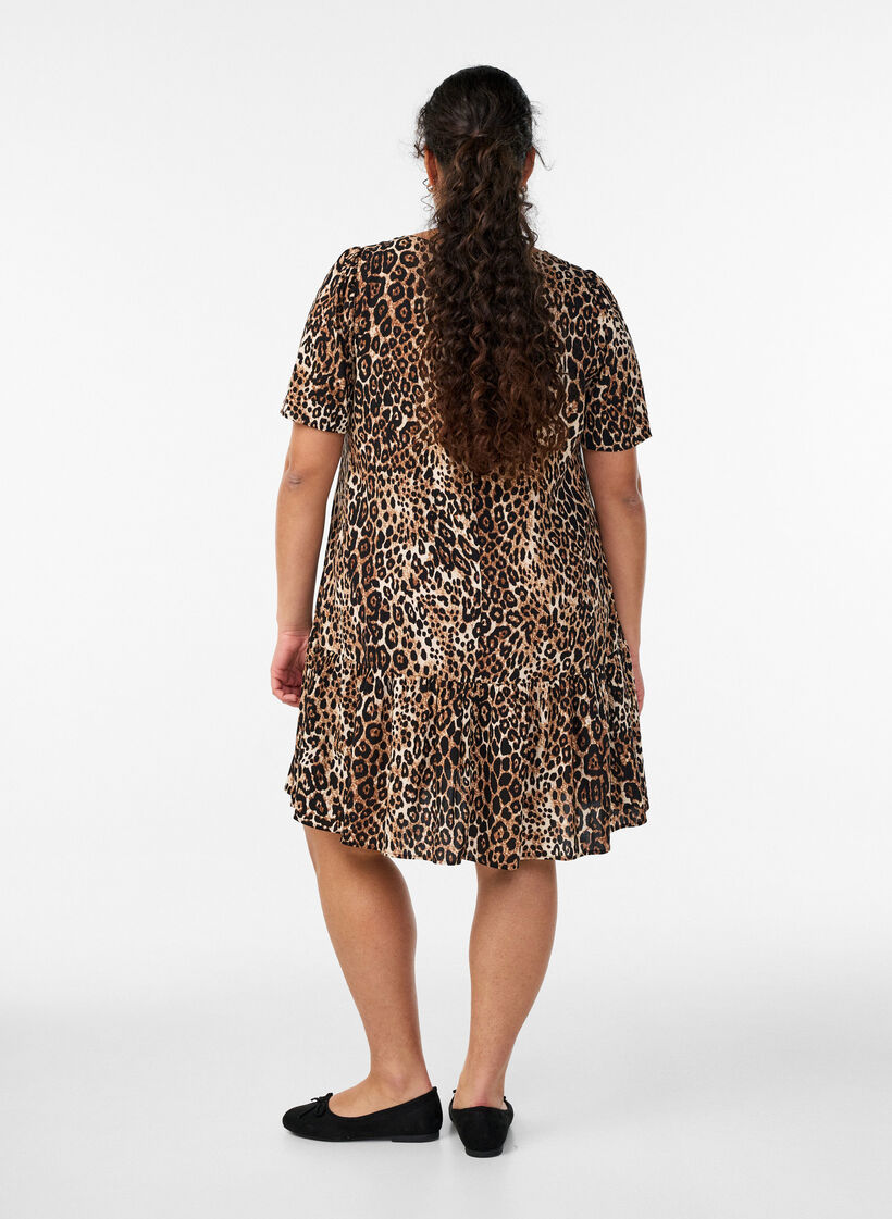 Viscose jurk met snijlijn, Bruin, Model image number 2
