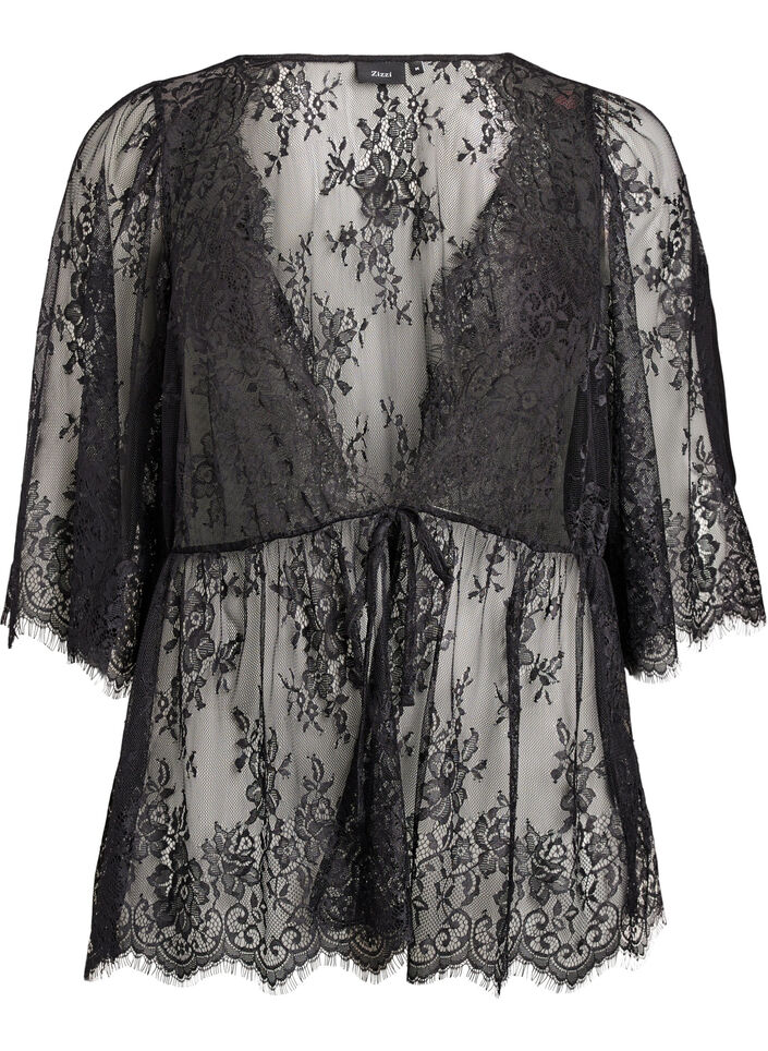 Kanten top met strikdetail en 3/4-mouwen, Zwart, Packshot image number 0