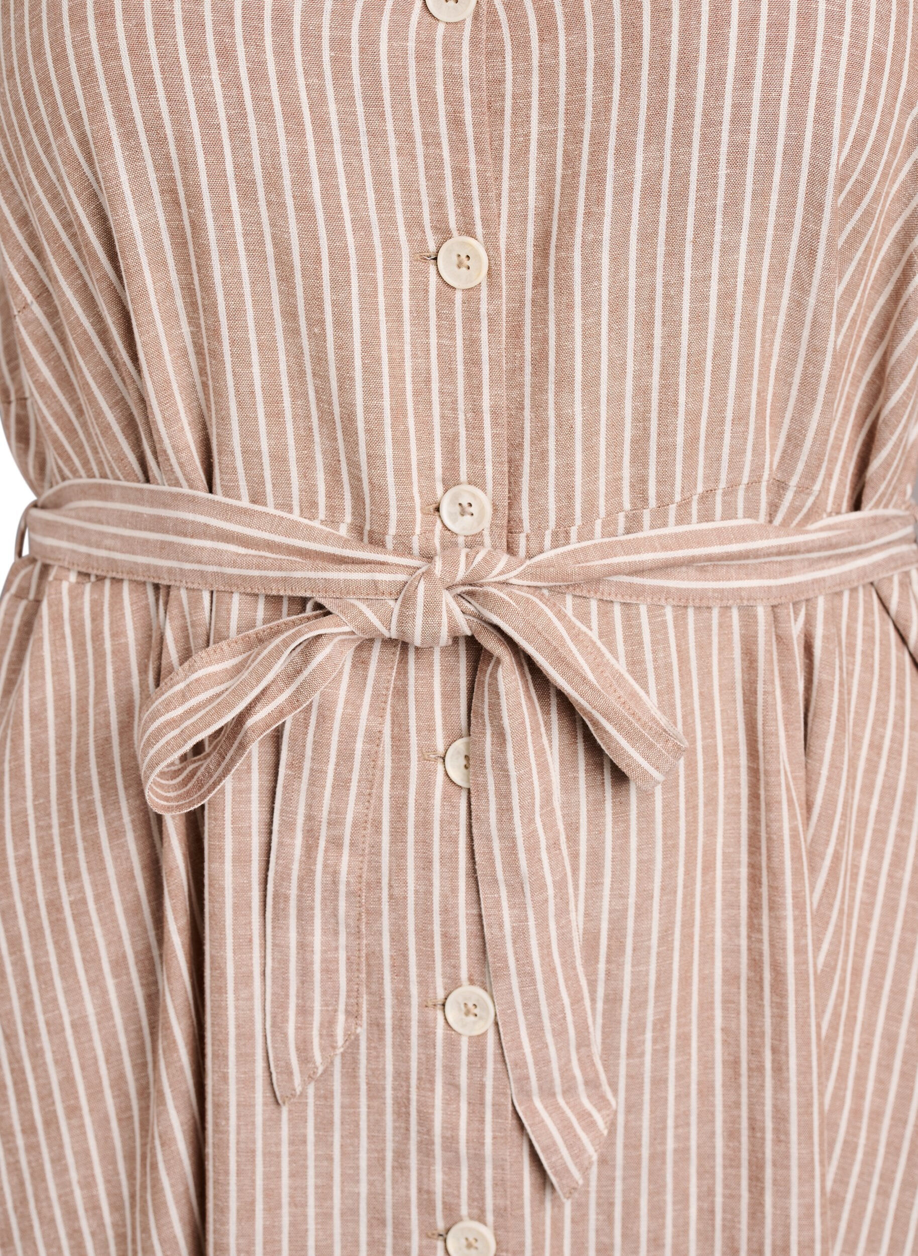 ZizziMouwloze gestreepte midi jurk in linnen en viscose, Beige, Packshot image number 2