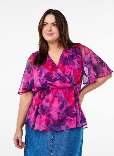 ZizziBloemen chiffon blouse met korte mouwen, Rood, Model image number 0