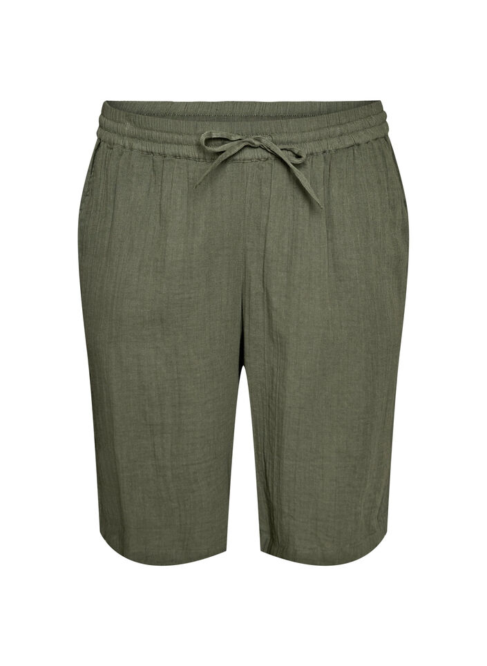 Los katoenen mousseline shorts met een hoge taille, Groen, Packshot image number 0