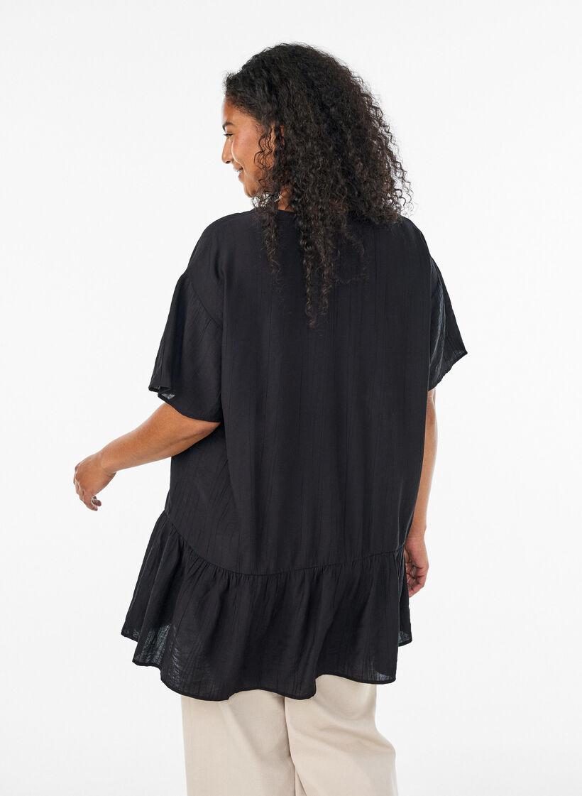 Losse tuniek met gekreukte structuur en rucherand, Zwart, Model image number 2