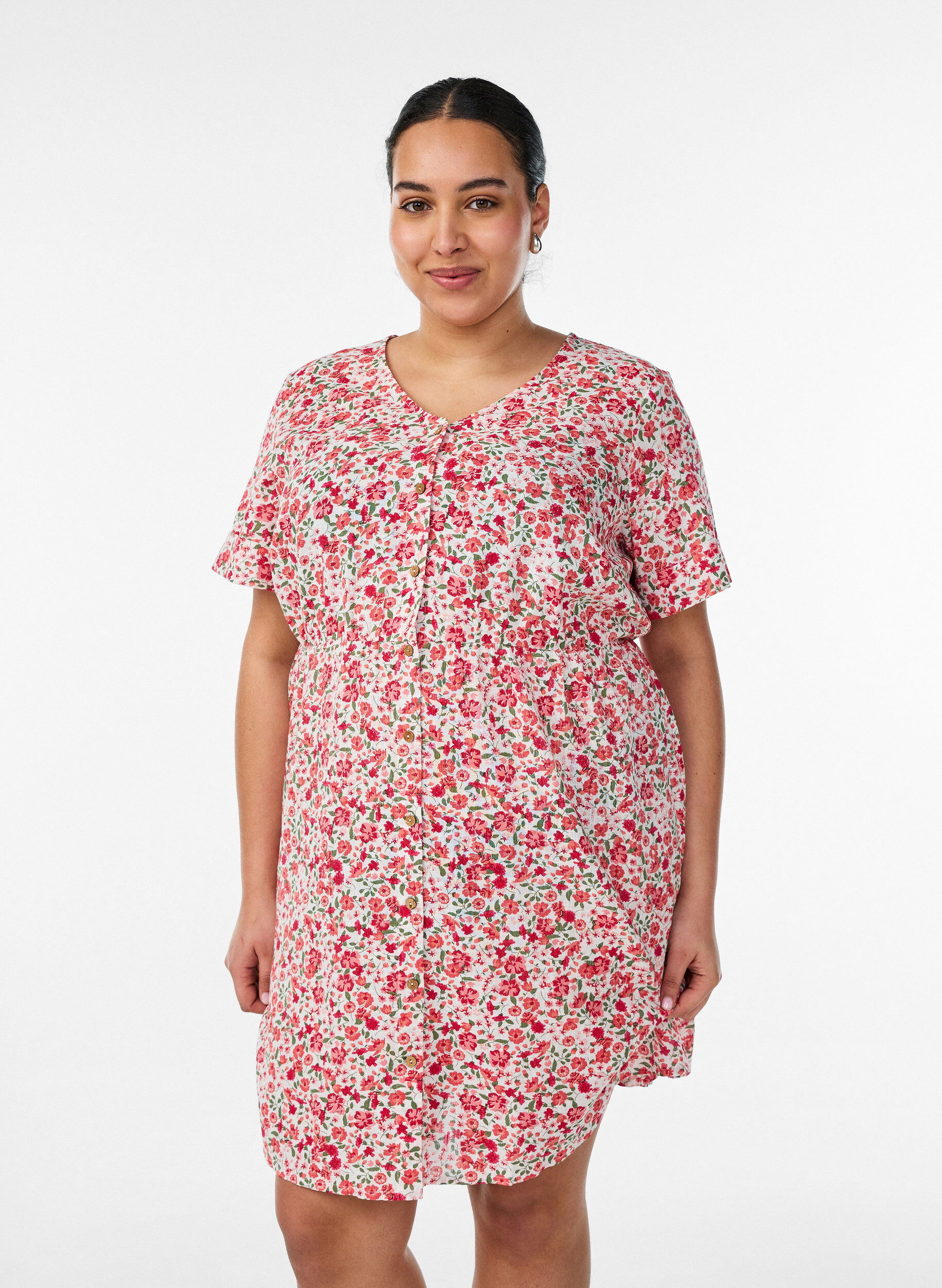 Korte katoenen jurk met bloemenprint, Rood, Model