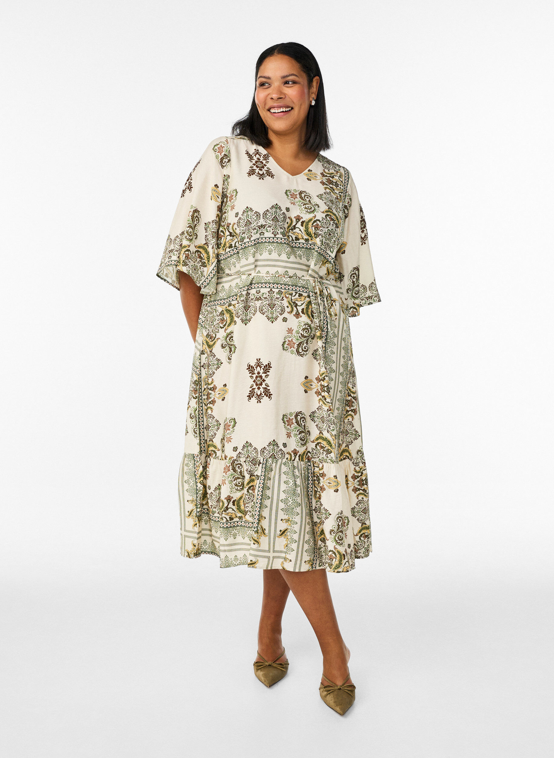 Gedessineerde midi jurk in viscose met strikceintuur, Groen, Model