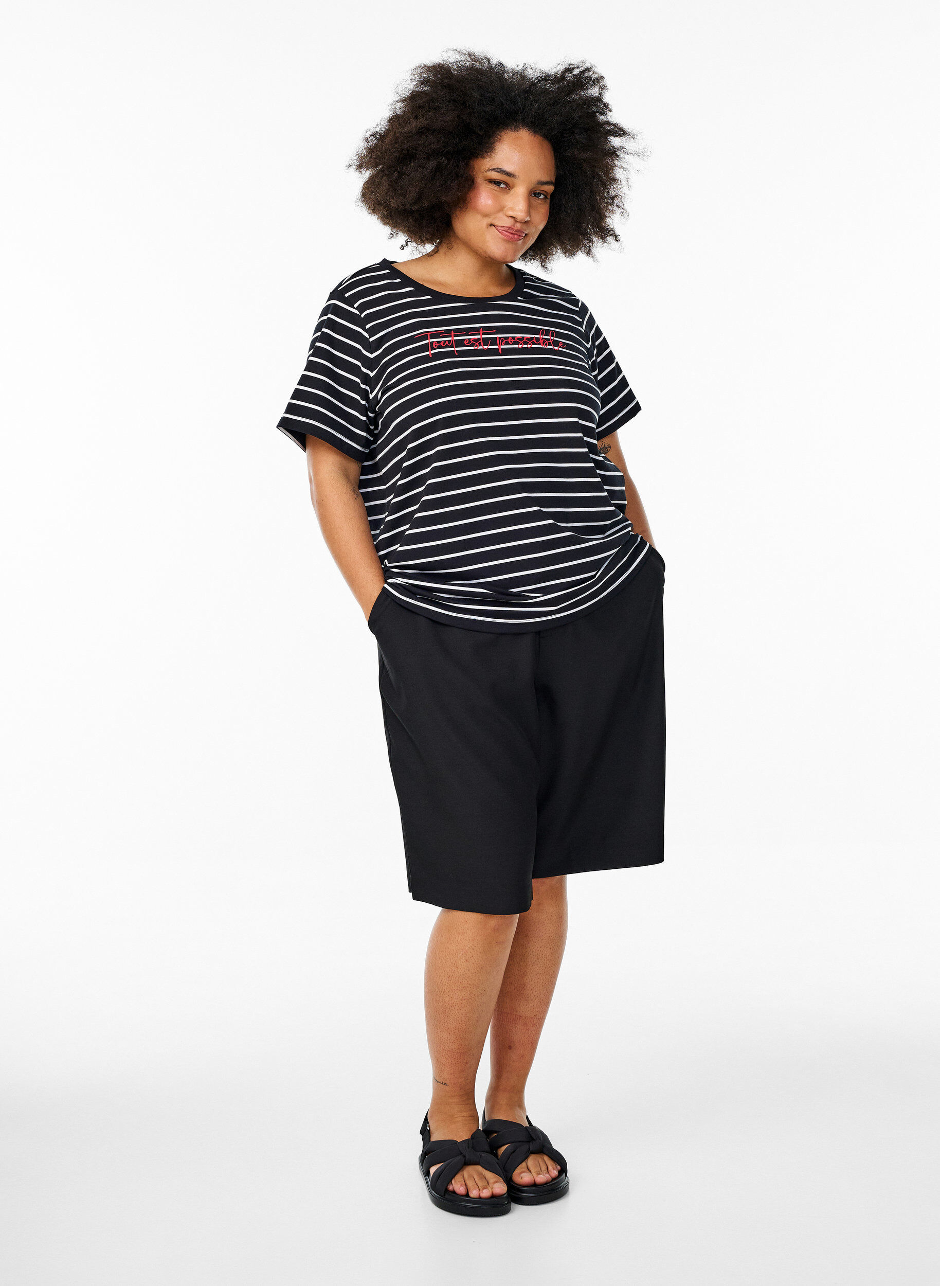 ZizziGestreept T-shirt met tekstprint, Zwart, Model image number 1