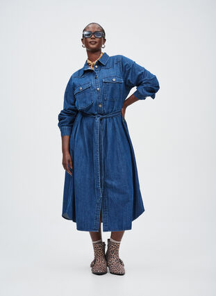 ZizziHalflange denim jurk met strikceintuur, Dark Blue Denim, Image image number 0