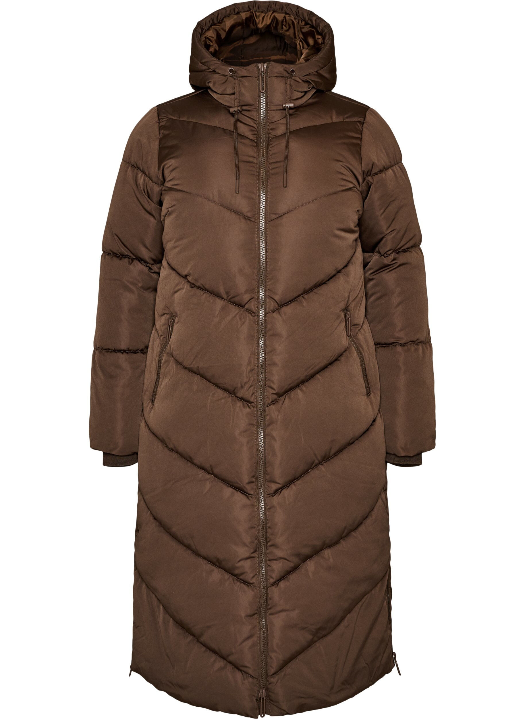 ZizziLange pufferjas met capuchon en zakken, Bruin, Packshot image number 0