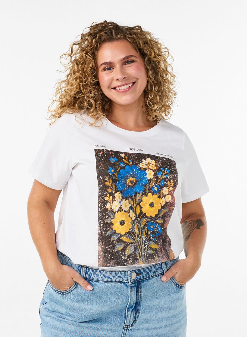 Katoenen T-shirt met print aan de voorkant, Wit, Model