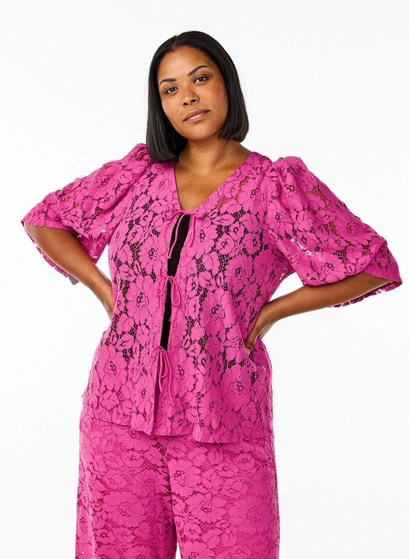 Kanten blouse met 3/4 mouwen en strikjes aan de voorkant, Purple Orchid, Model