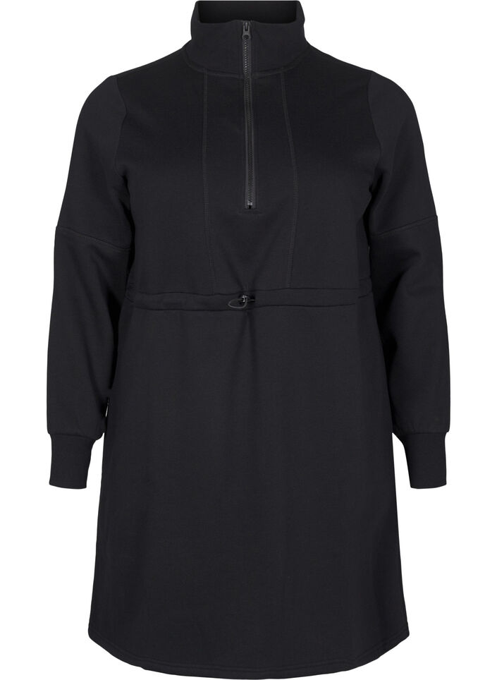 Korte sweatshirt jurk met een col en verstelbare taille, Black, Packshot image number 0