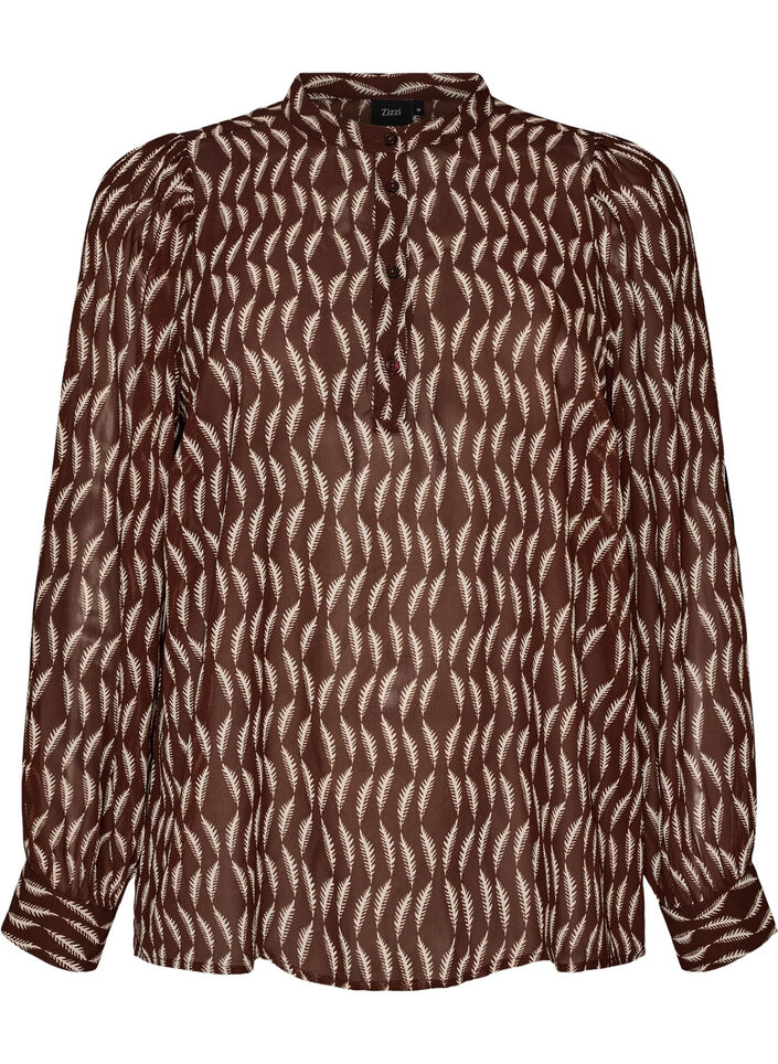 Blouse met all-overprint en korte knoopsluiting, Bruin, Packshot image number 0