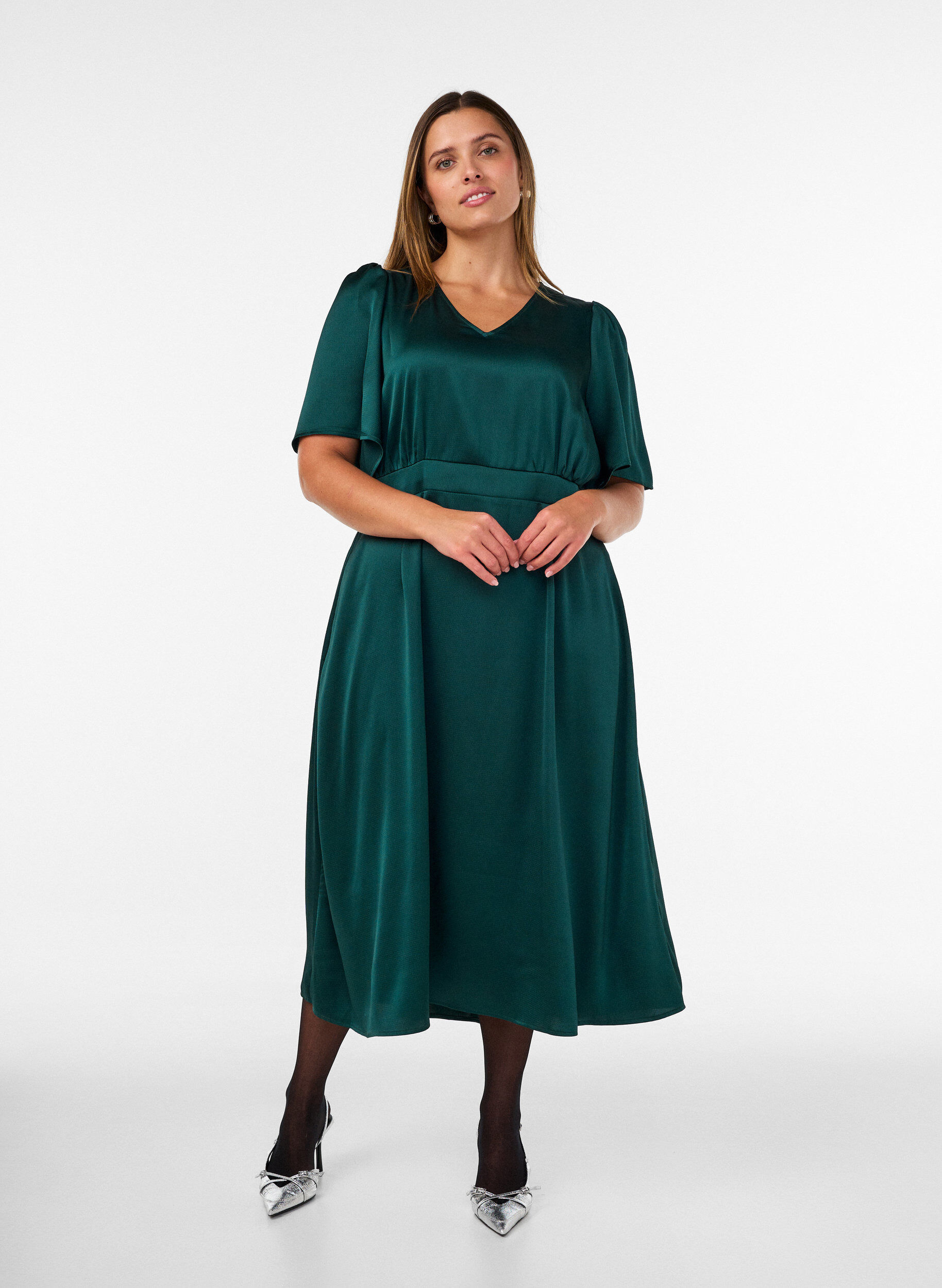 Empire feestjurk in midi lengte, Groen, Model