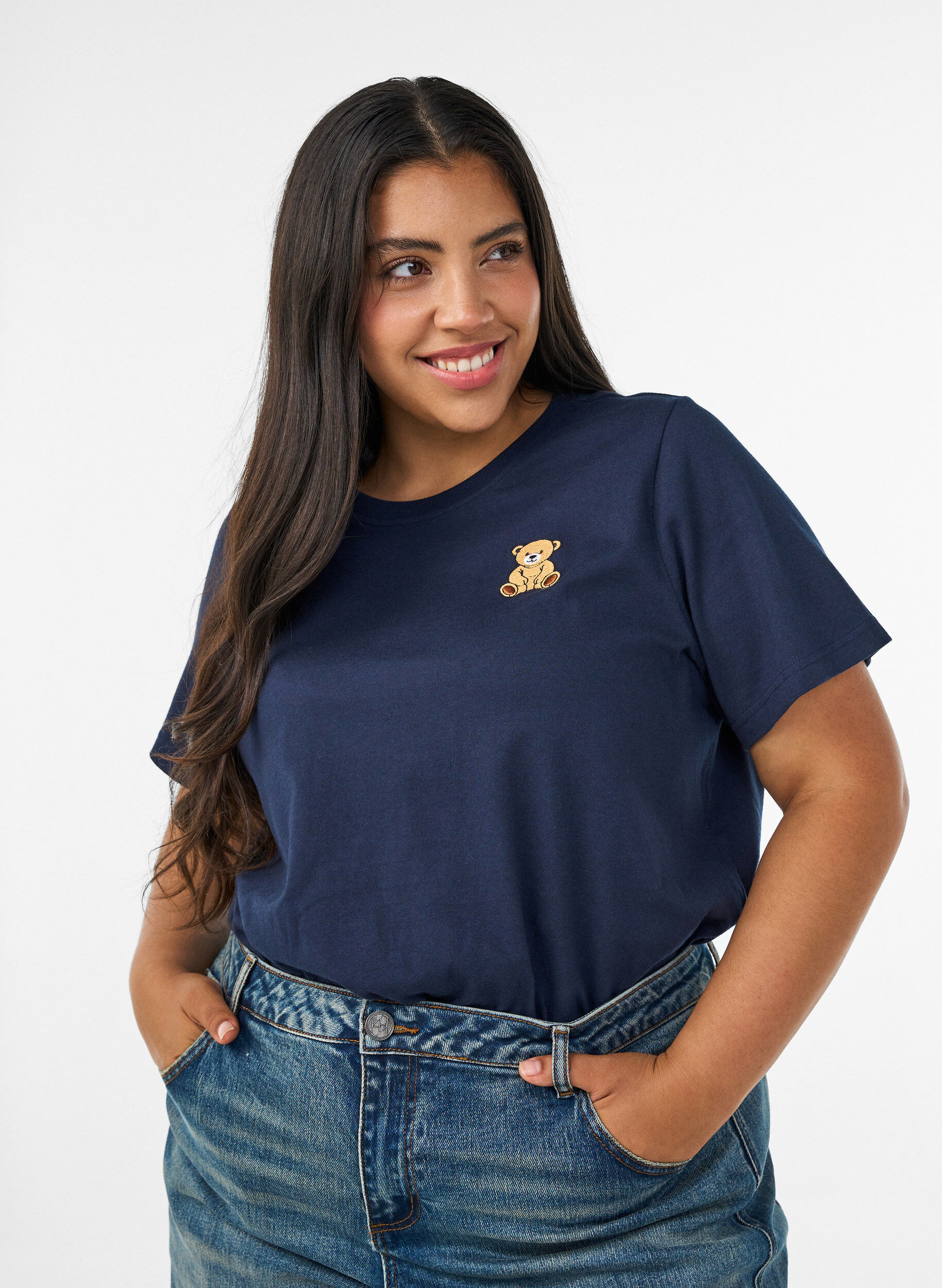 T-shirt van biologisch katoen met teddybeermotief, Blauw, Model