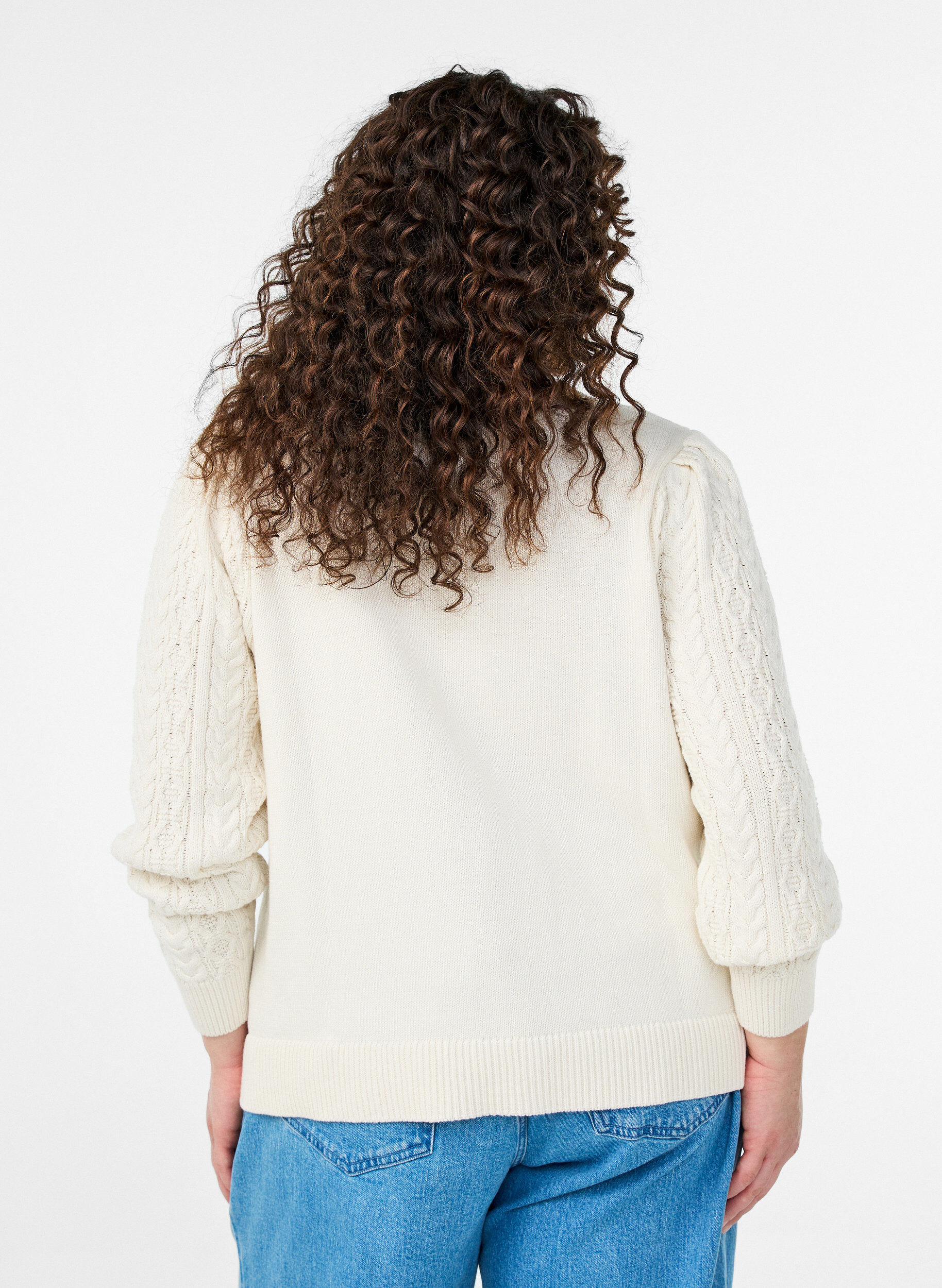 ZizziGebreide blouse met kabelpatroon en geborduurde bloemen, Wit, Model image number 2