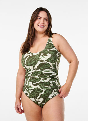 ZizziBadpak met palmbomenprint en geplooide details, Groen, Model image number 0
