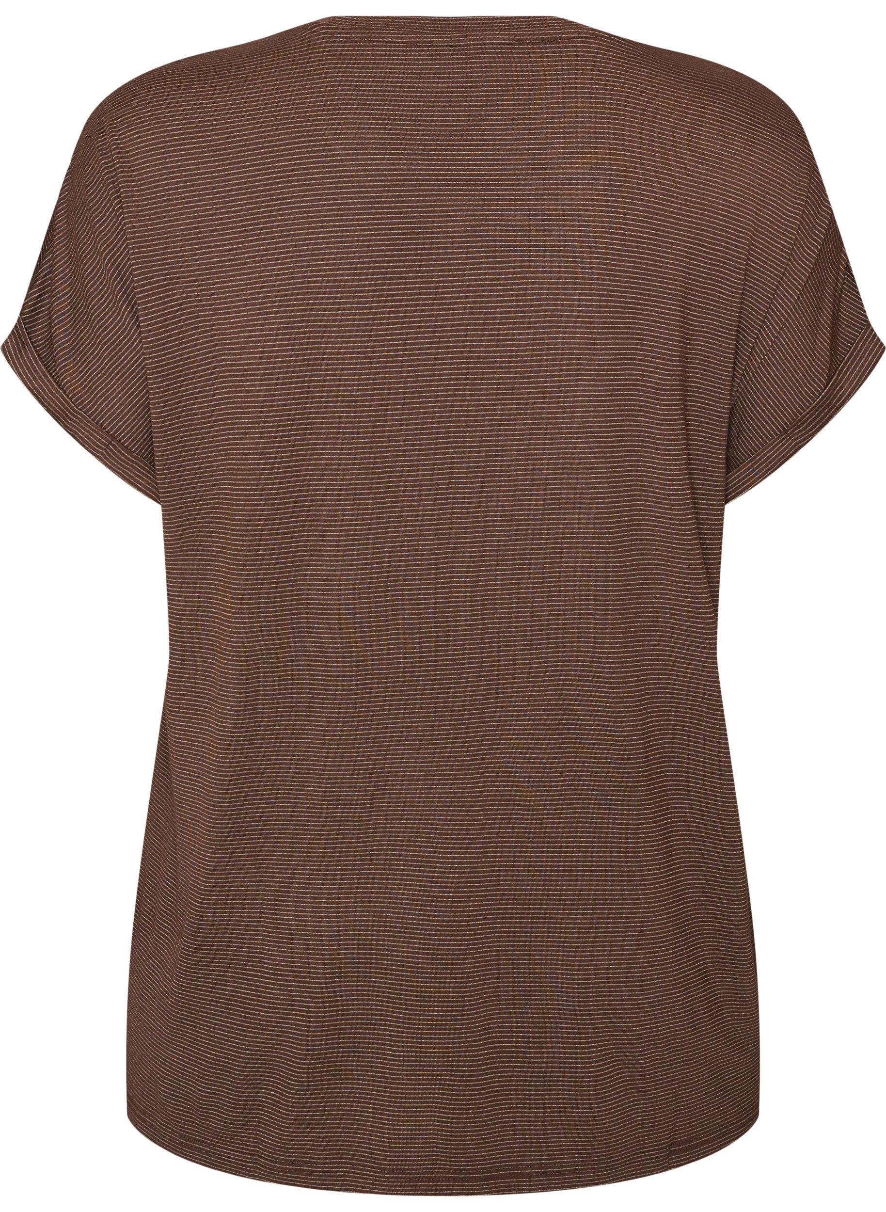 ZizziViscose T-shirt met glitterstrepen, Bruin, Packshot image number 1