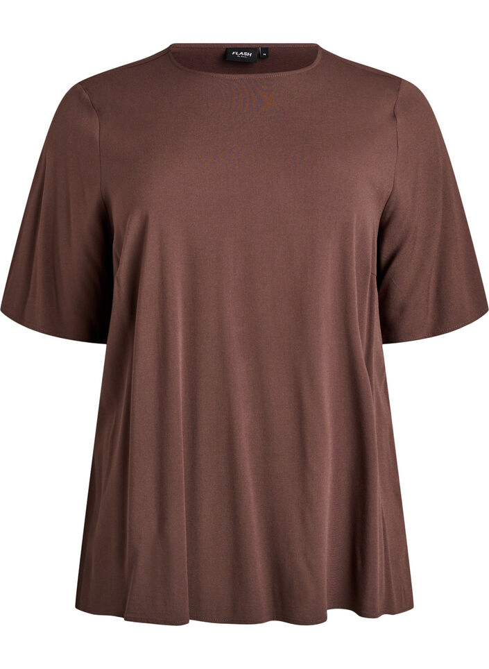 FLASH - Geweven blouse met korte mouwen en ronde hals, Bruin, Packshot image number 0