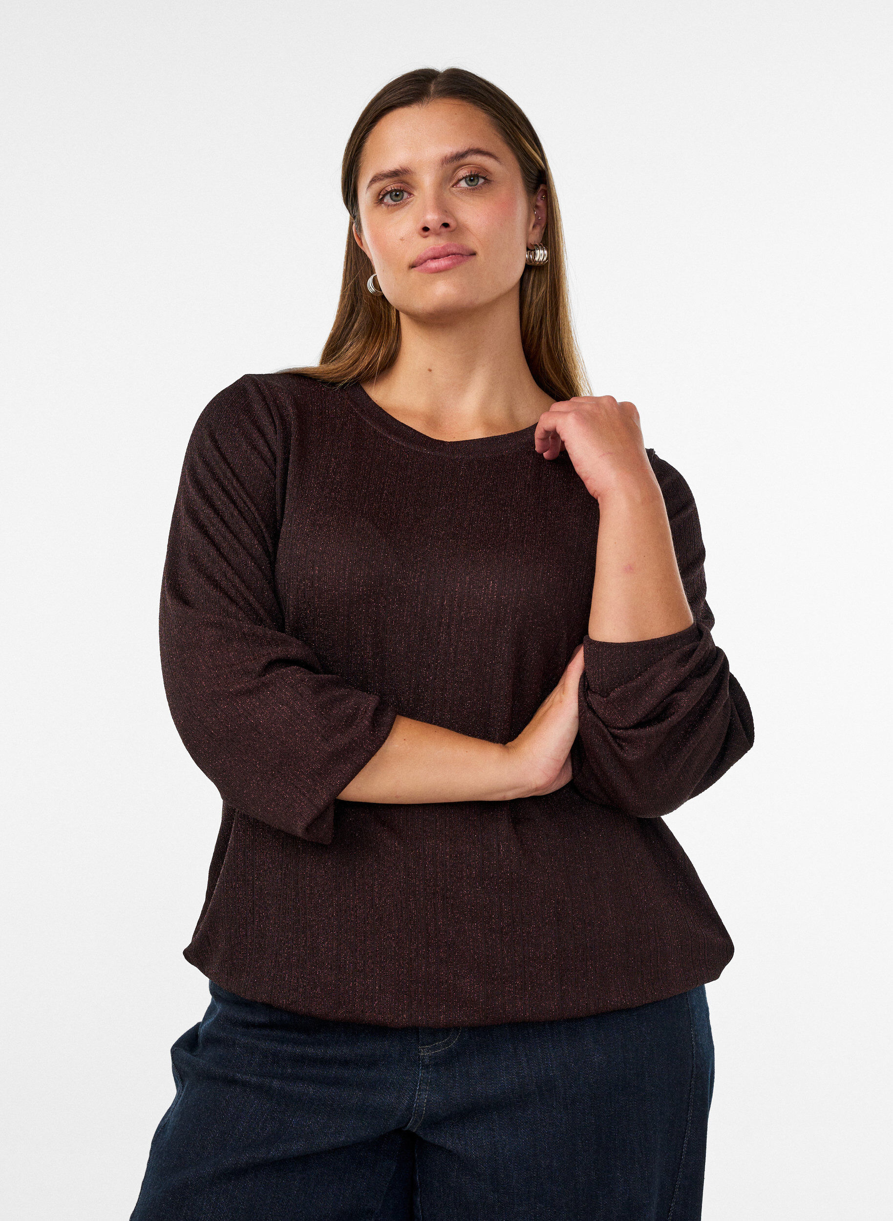 Blouse met verticale structuur en glitterdraad, Bruin, Model