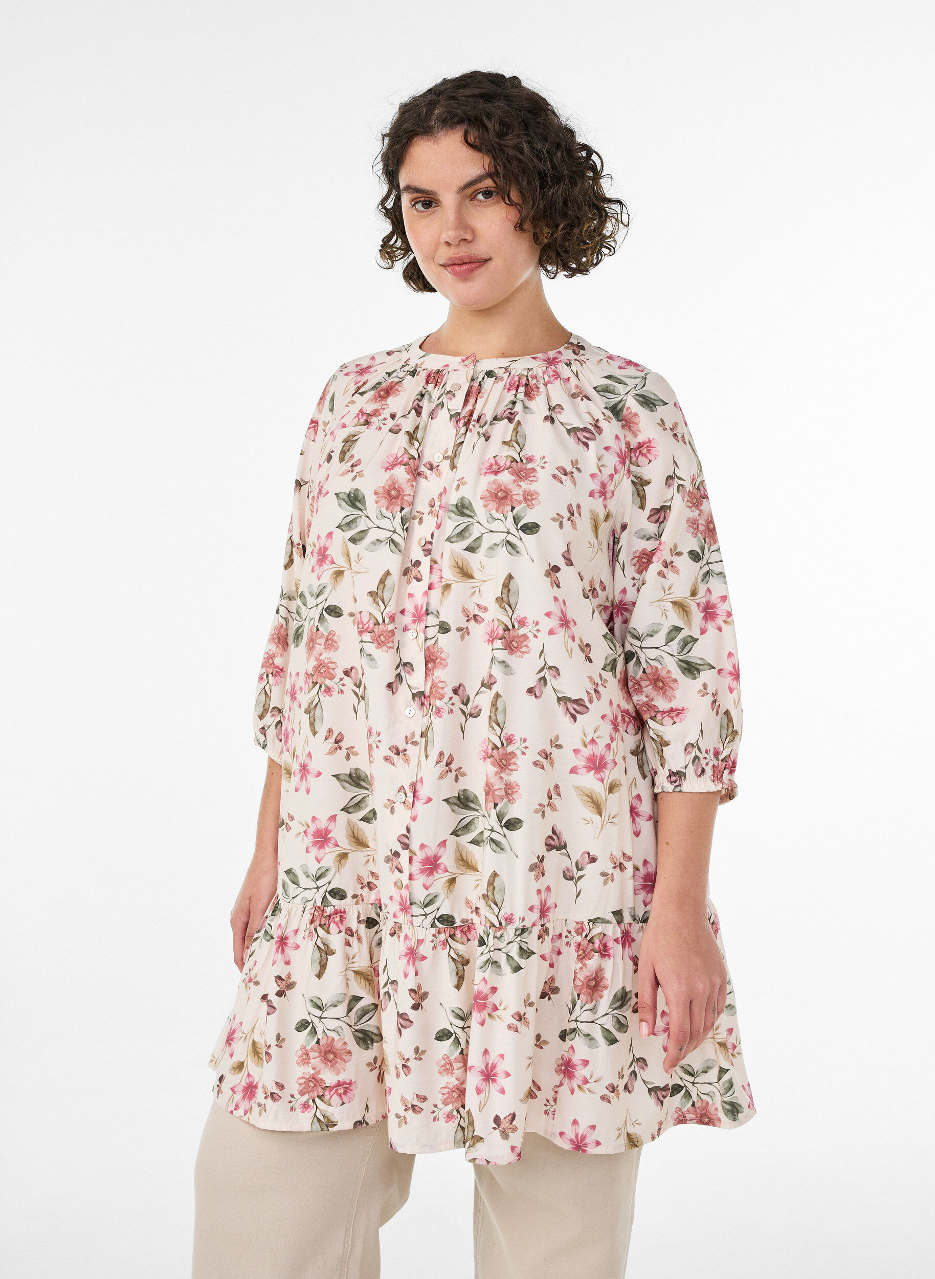 A-lijn tuniek in viscose met 3/4 mouwen, Vanille, Model