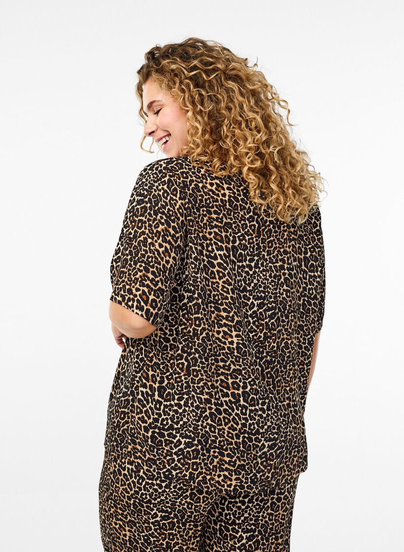 Korte mouw visrose Blouse met print, Bruin, Model image number 2