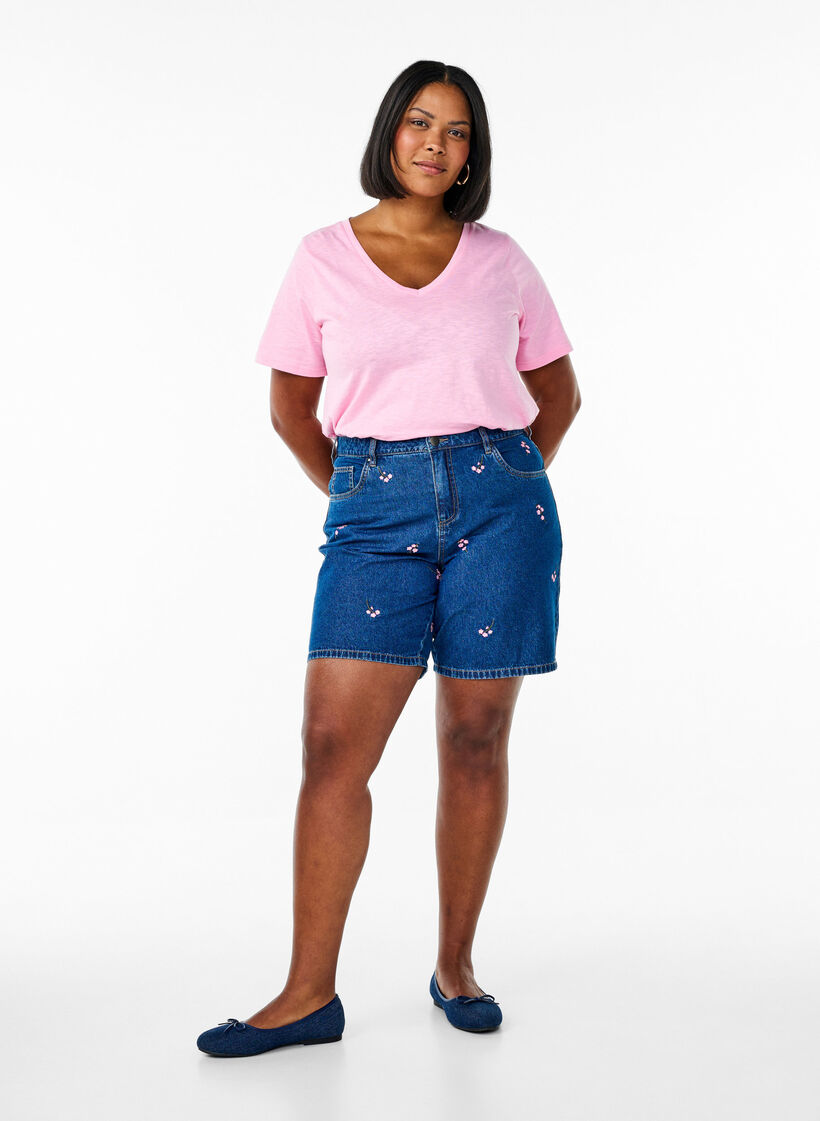 Basic t-shirt met korte mouwen en V-hals, Begonia Pink, Model