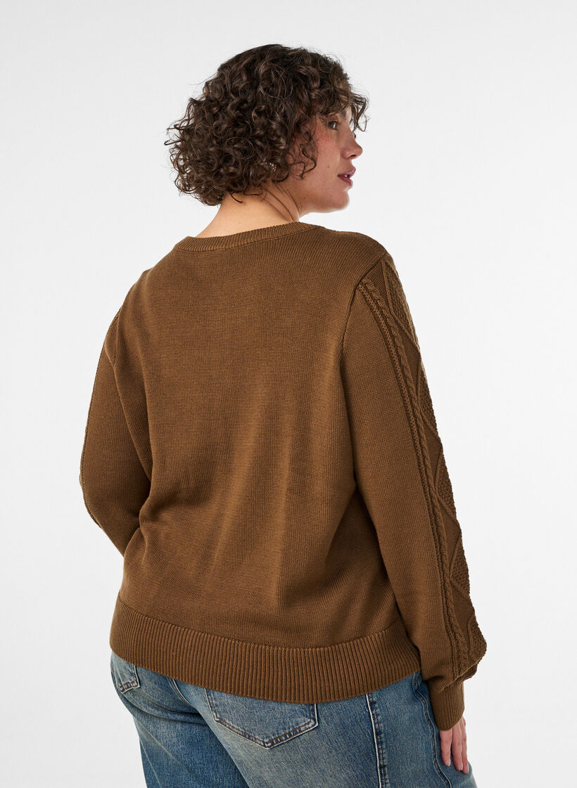 Kabelgebreide cardigan met decoratieve knopen, Bruin, Model image number 2