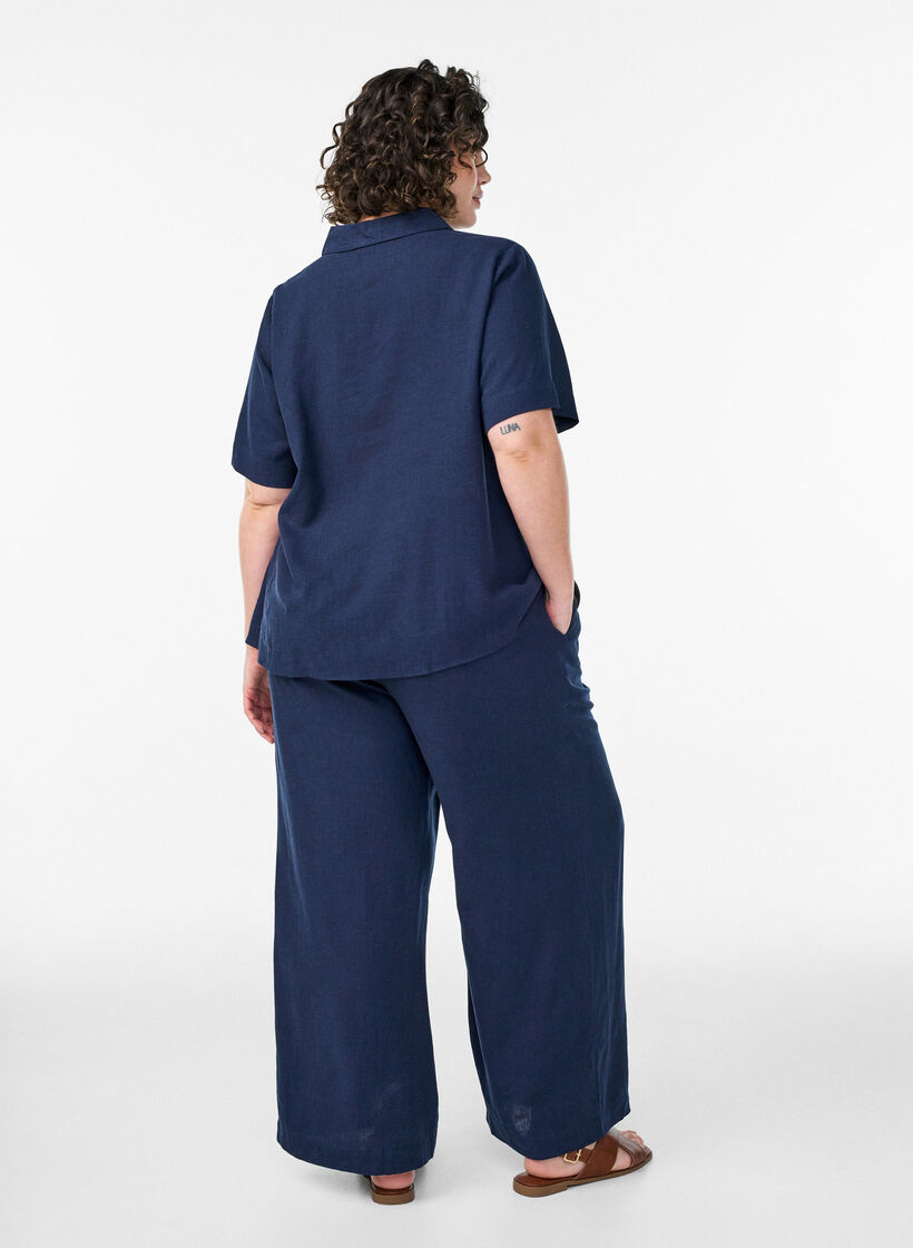 Wijde linnen en viscose broek, Blauw, Model image number 1