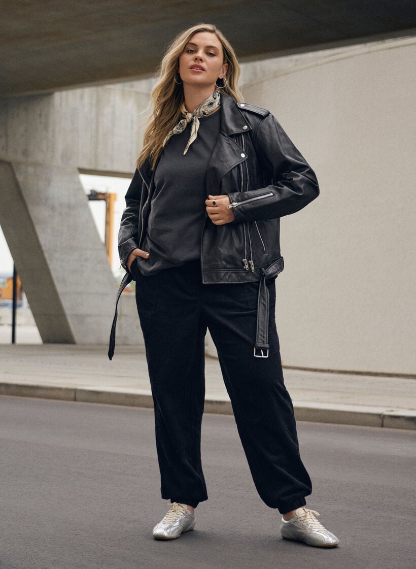 Corduroy broek met een elastische tailleband, Black, Image